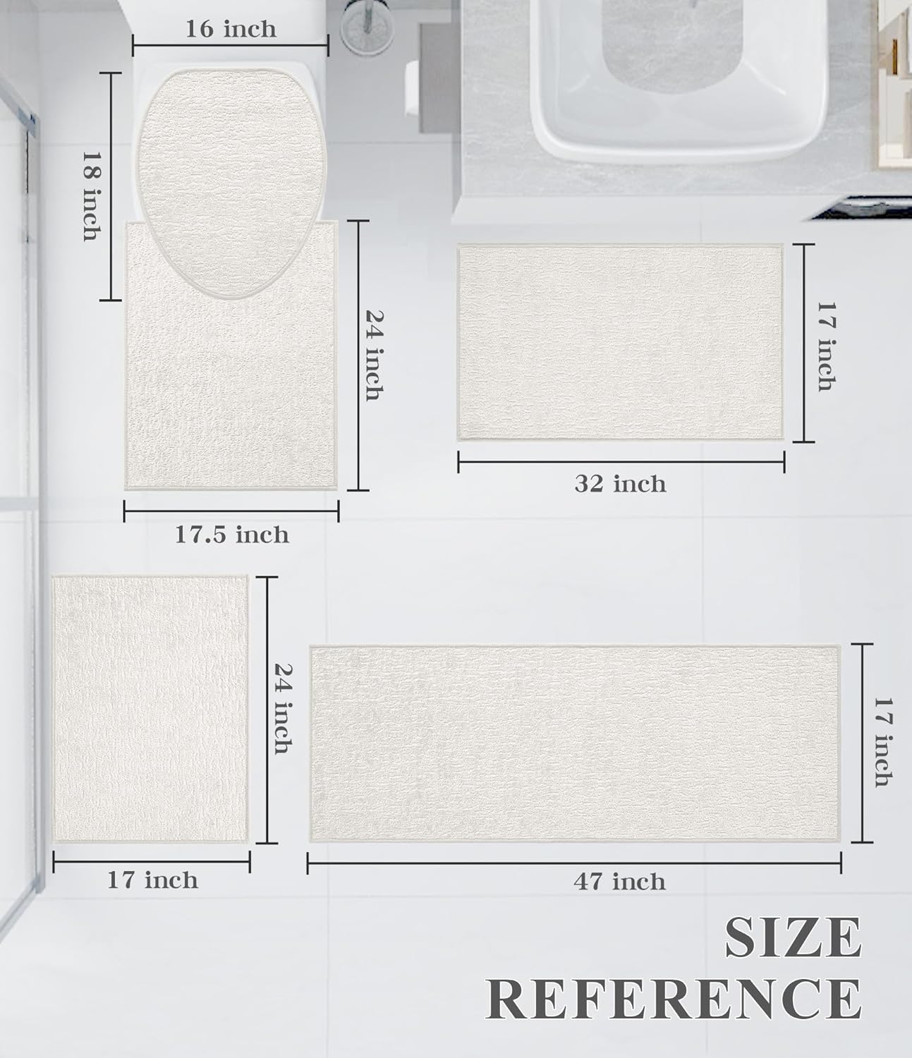 chakme Bathroom Rug Sets 5 Piece, Ultra Thin Bath Mat Quick Dry Bath Mat Set, Absorbent Bath Mat for Bathroom Non Slip Machine Washable, (White, 5 Piece)