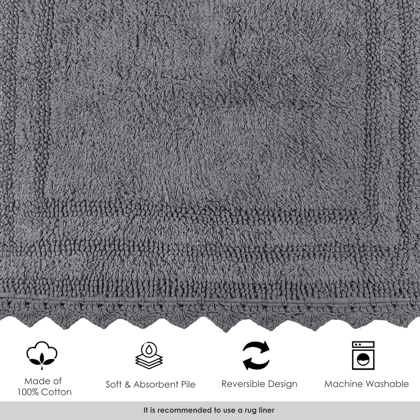 RAJRANG Titanium Grey Cotton Bath Rug – Rectangle 34x21 Inches with Crochet Edge – Reversible, Absorbent, Soft Boho Mat for Bathroom, Vanity, Spa, or Kitchen Use