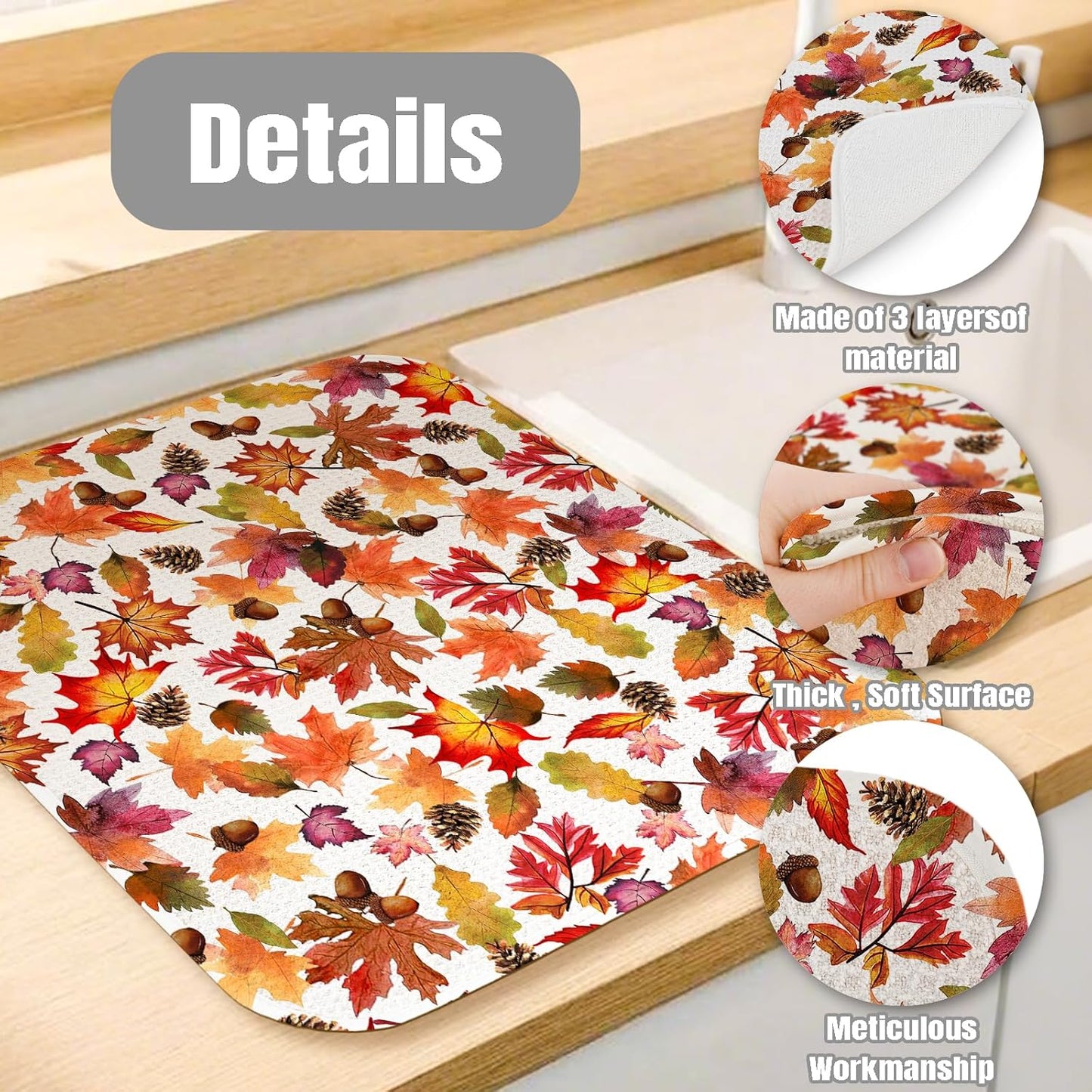 Dish Drying Mat for Kitchen Counter Large 18" x 24" Fall Leaves Absorbent Microfiber Dishes Drainer Rack Mats Pad Reusable Washable