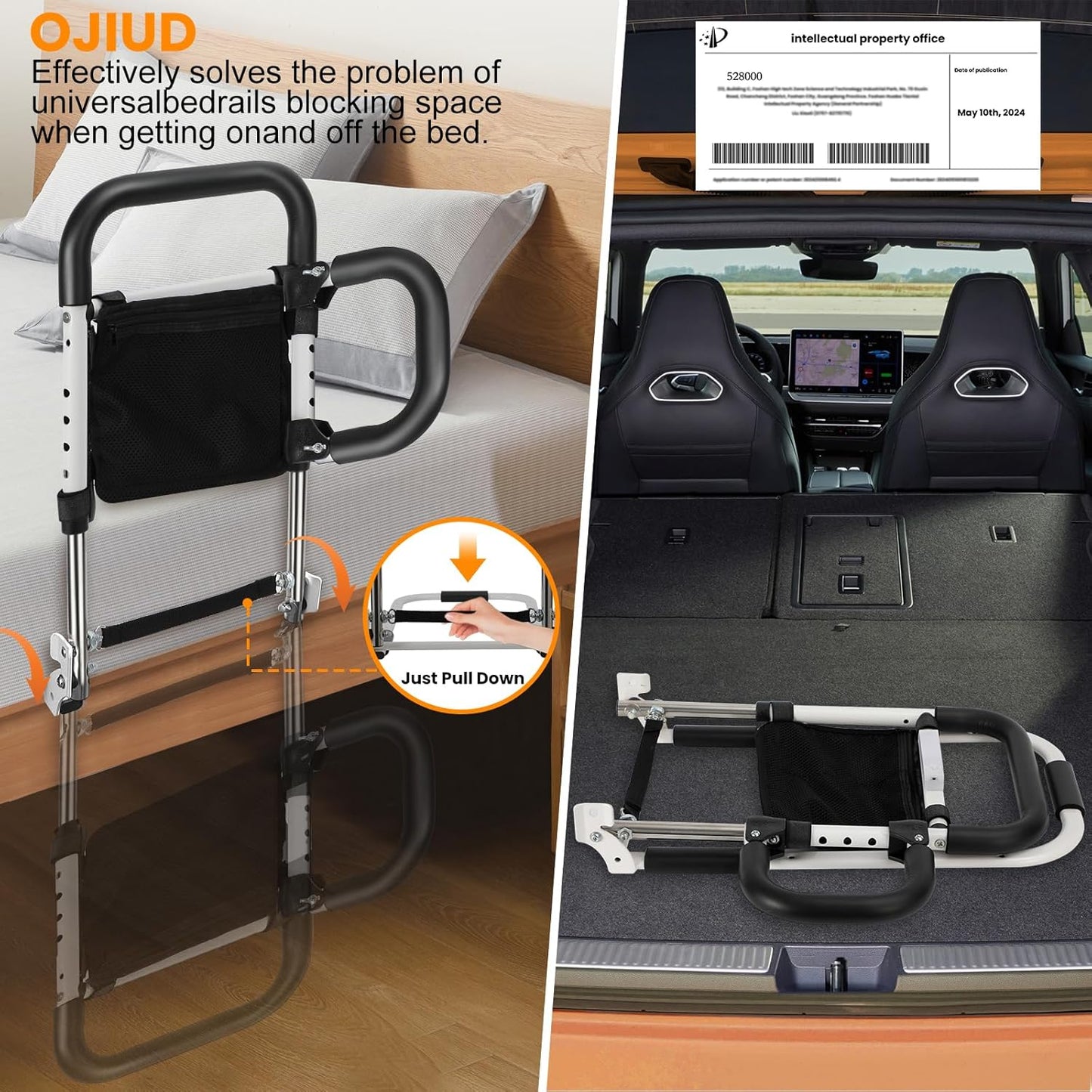 Foldable Bed-Rails for Elderly Adults Safety with LED Night Light and Three Storage Pockets, Adjustable Bed-Assist-Rails for Seniors,Portable & Sturdy Grab Bar Bed Cane for King/Queen/Full/Twin