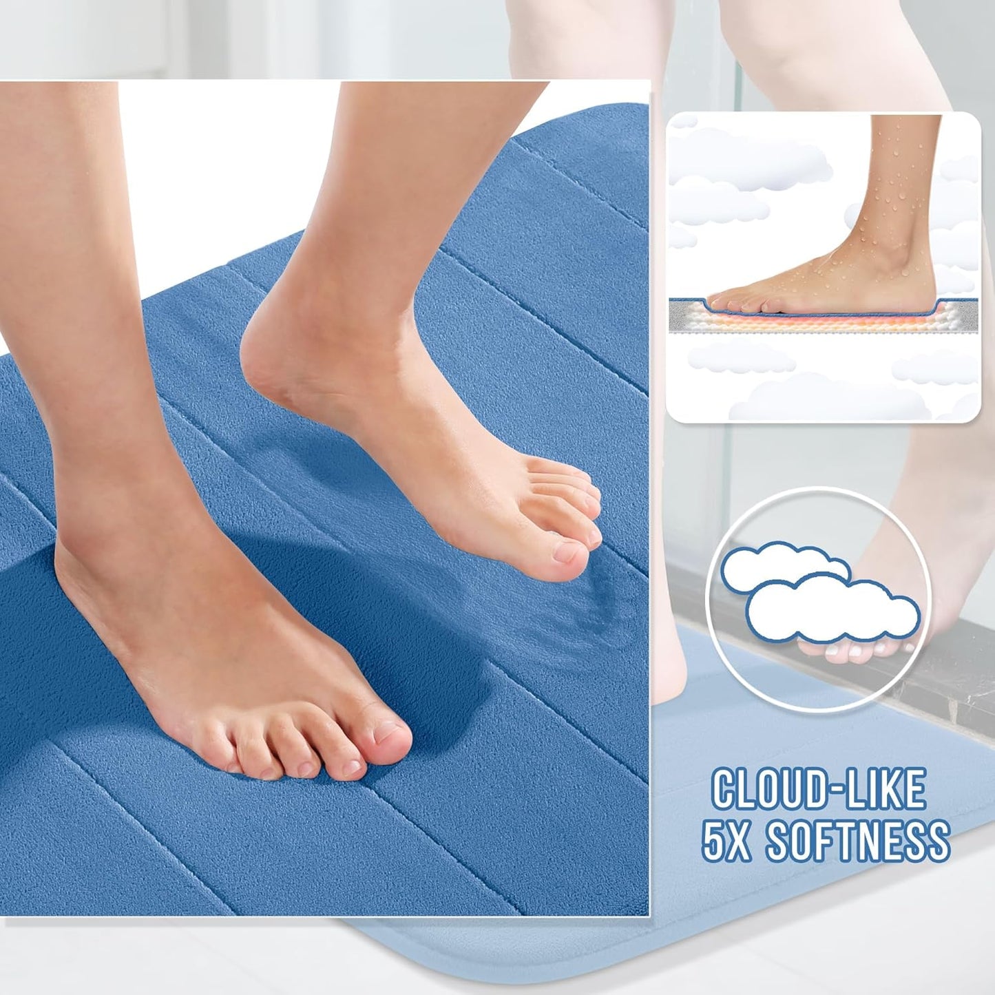 Yimobra Large Bath Mat 36"x24", Super Soft Quick Dry Memory Foam Bathroom Rug, Water Absorbent, Non Slip Backing Machine Washable for Tub Shower, Thick Comfort Support, Blue