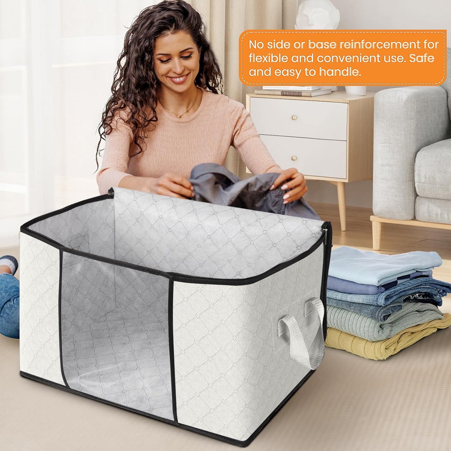 Fab totes 24 Gallons Clothes Storage, Foldable Thick Fabric Blanket Storage Bags, Containers for Organizing Bedroom, Closet, Clothing, Comforter, Organization with Handle (3 Pack,Ivory)