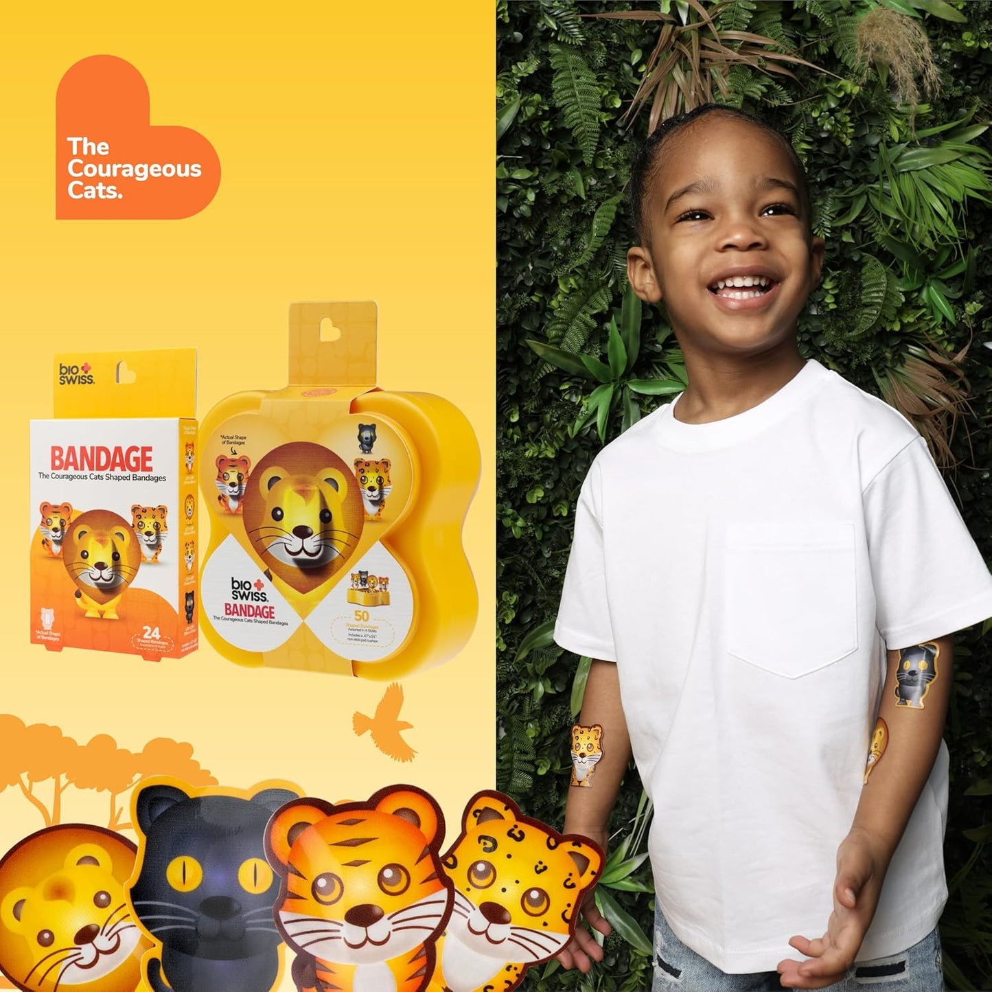 BioSwiss Kids Bandages, Courageous Cats Shaped Self Adhesive Bandage Set, Latex Free, Sterile Wound Care, 50 Count