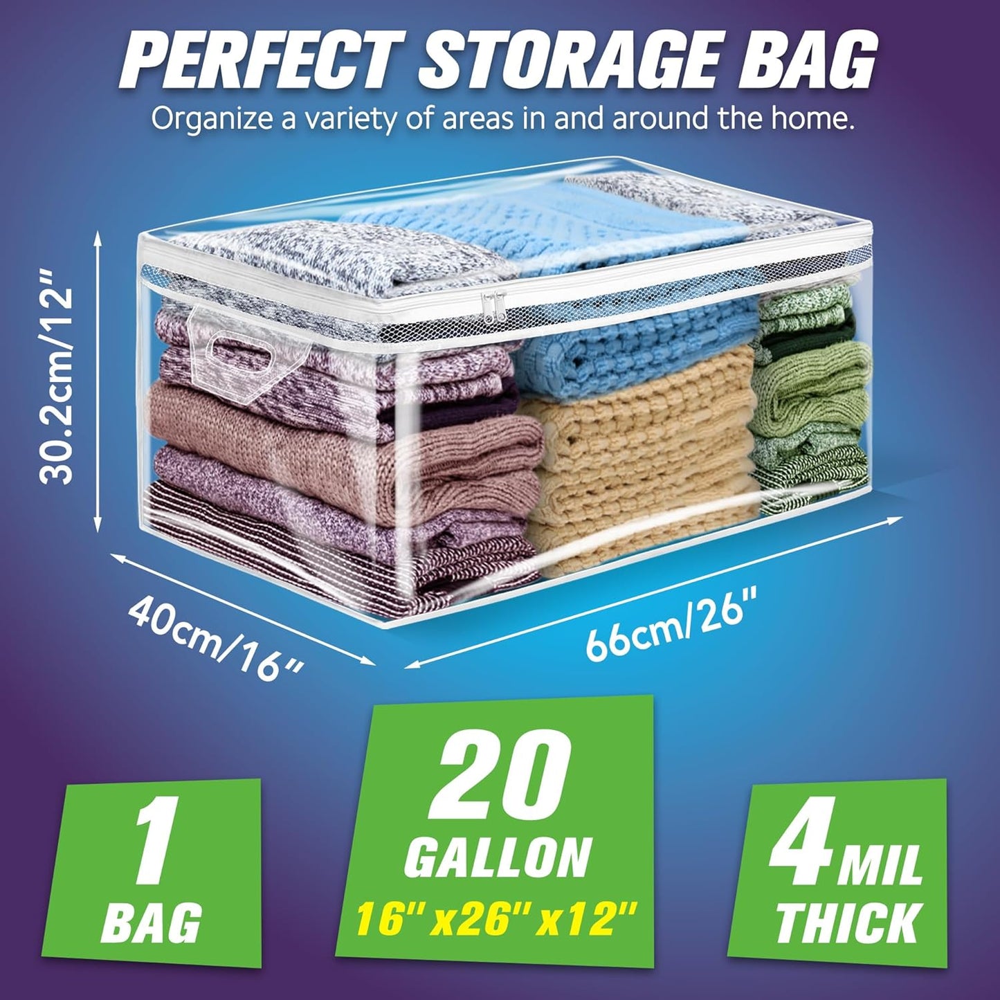 HIBAG 20 Gallon Large Storage Bag for Clothes, Zipper Clothing Storage Bag, Clear Organizer with Reinforced Handles, for Comforters Blankets Pillows Bedding (1 Pack)