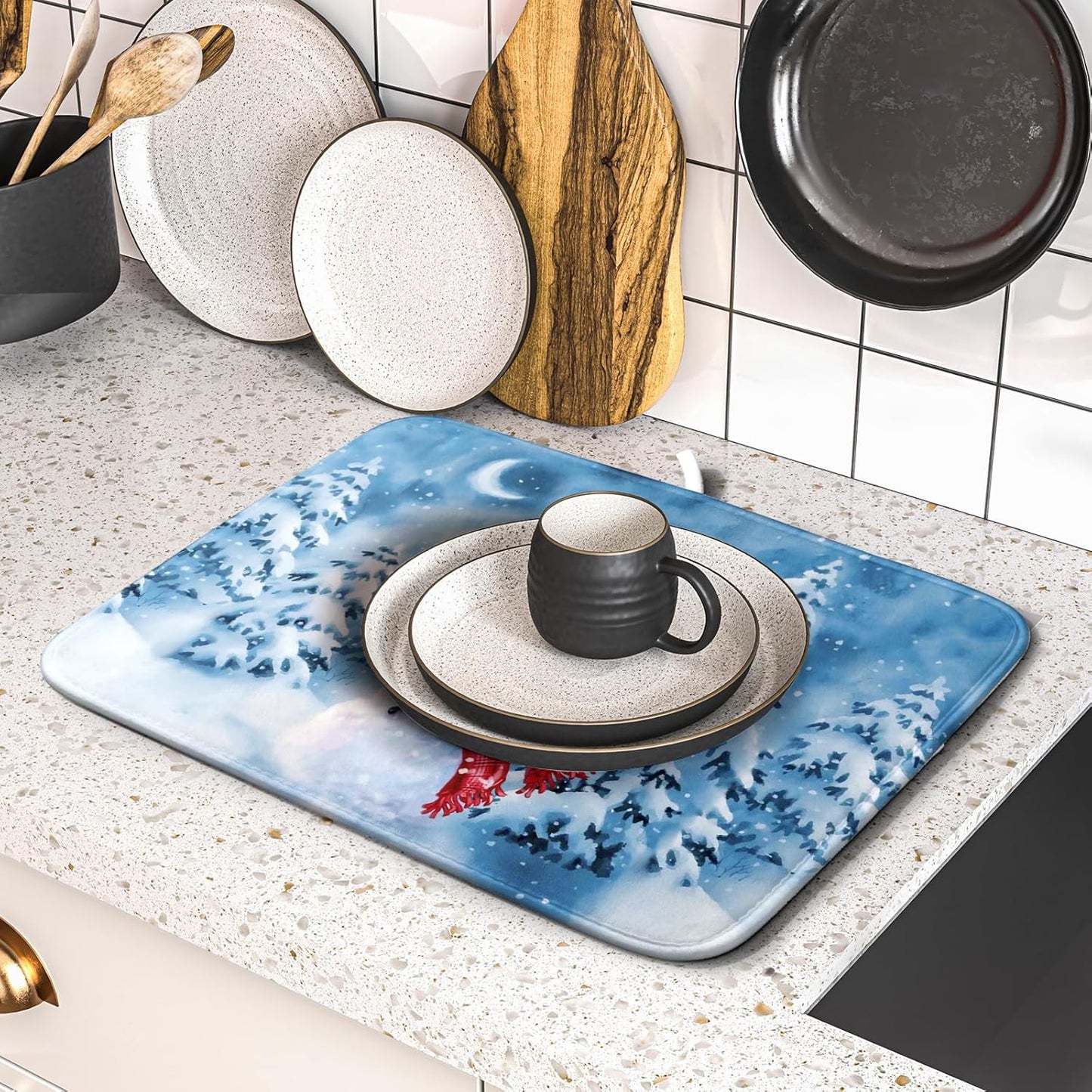 Blue Snowman Dish Drying Mat Winter Pine Tree Drainer Rack Mats 16x18 Inch Absorbent Fast Dry Dish Pad Protector Kitchen Counter Accessories
