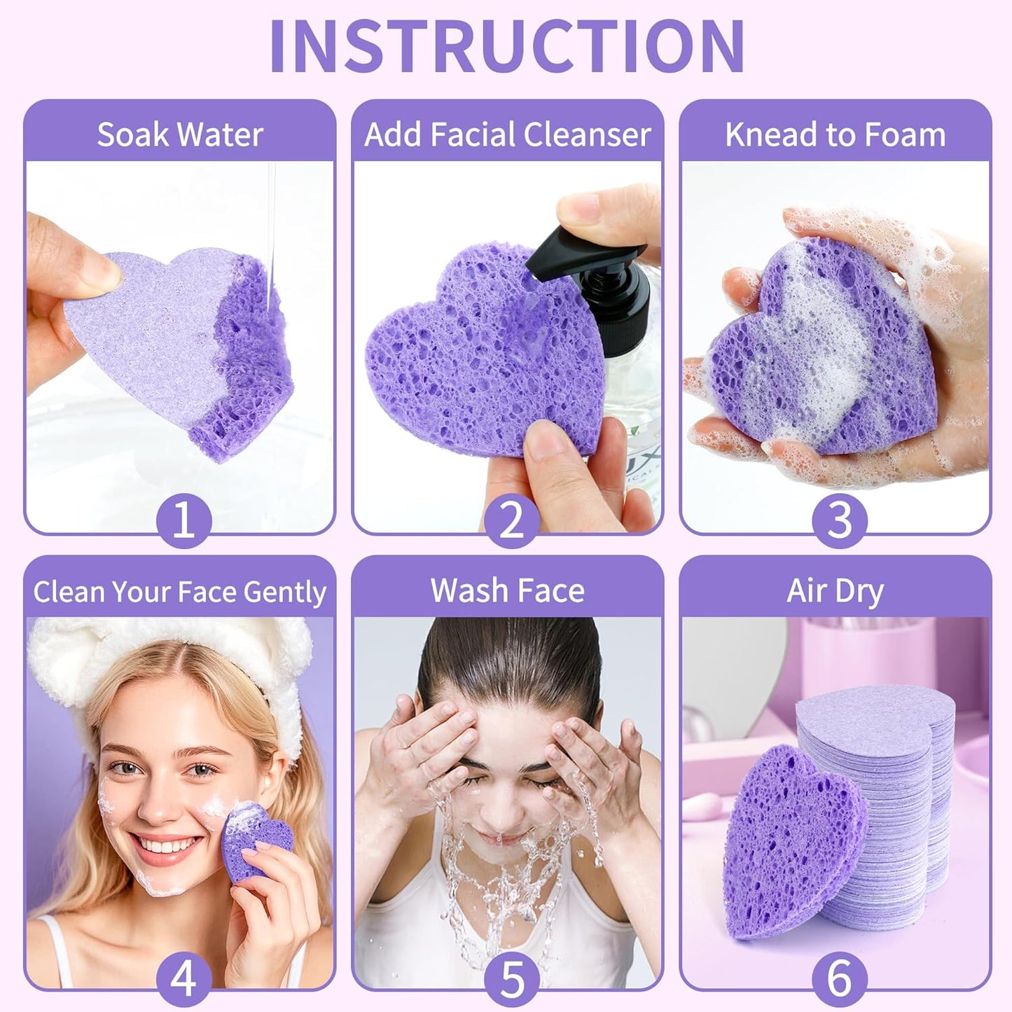 100-Count Compressed Facial Sponges, Heart Shape Face Sponge for Cleansing, Natural Cosmetic Spa Sponges for Facial Cleansing, Exfoliating Mask (Purple Heart Sponges)