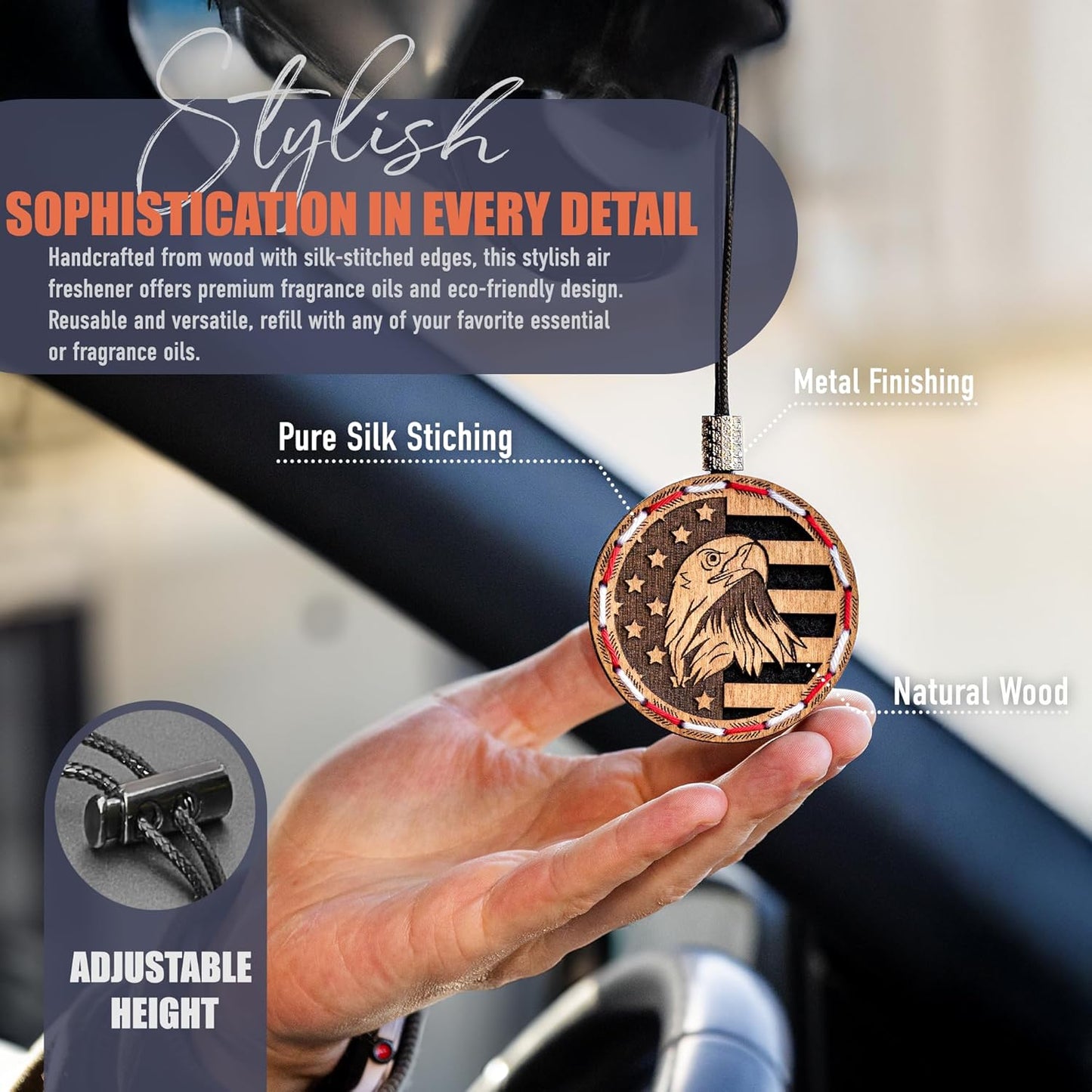 Wood Car Air Freshener — Handcrafted Air Freshener — American Flag Hanging Fragrance Oil Diffuser in Wooden Gift Box — Christmas Gift for Car with Coffee Beans Fragrance Oil - 10 ml