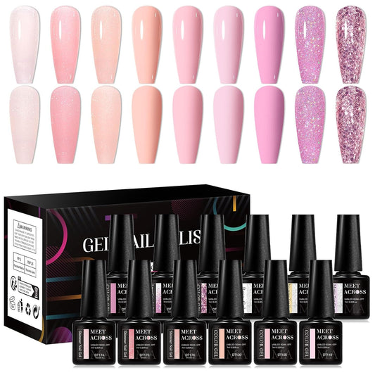 MEET ACROSS 9 Colors Gel Nail Polish + 3PCS Function Gel Nail Polish Kit,Fashion Nail Art Set Design Gifts for Women Manicure Salon (SET3, 12pcs)