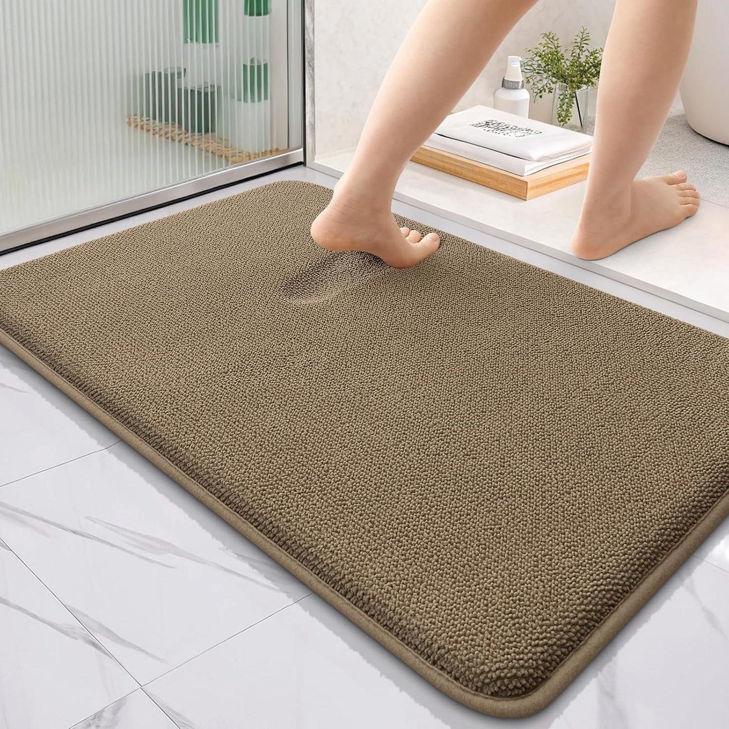 OLANLY Thick Memory Foam Bath Mat Rug 36x24, Extra Soft Absorbent Bathroom Rug, Quick Dry Bath Mats, Non-Slip, Machine Washable Carpet for Bathroom, Tub and Shower, Home Decor Accessories, Tan