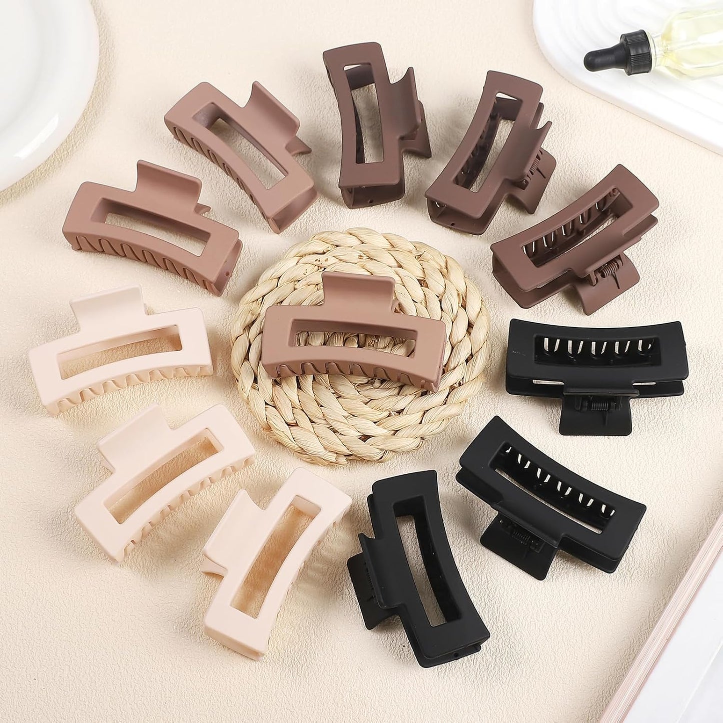 Hair Claw Clips, 3.5 Inch Medium Square Jaw Clips 12 Pcs for Thick and Thin Hair - Matte Black, Dark Brown, Light Brown, Bulk Hair Accessories