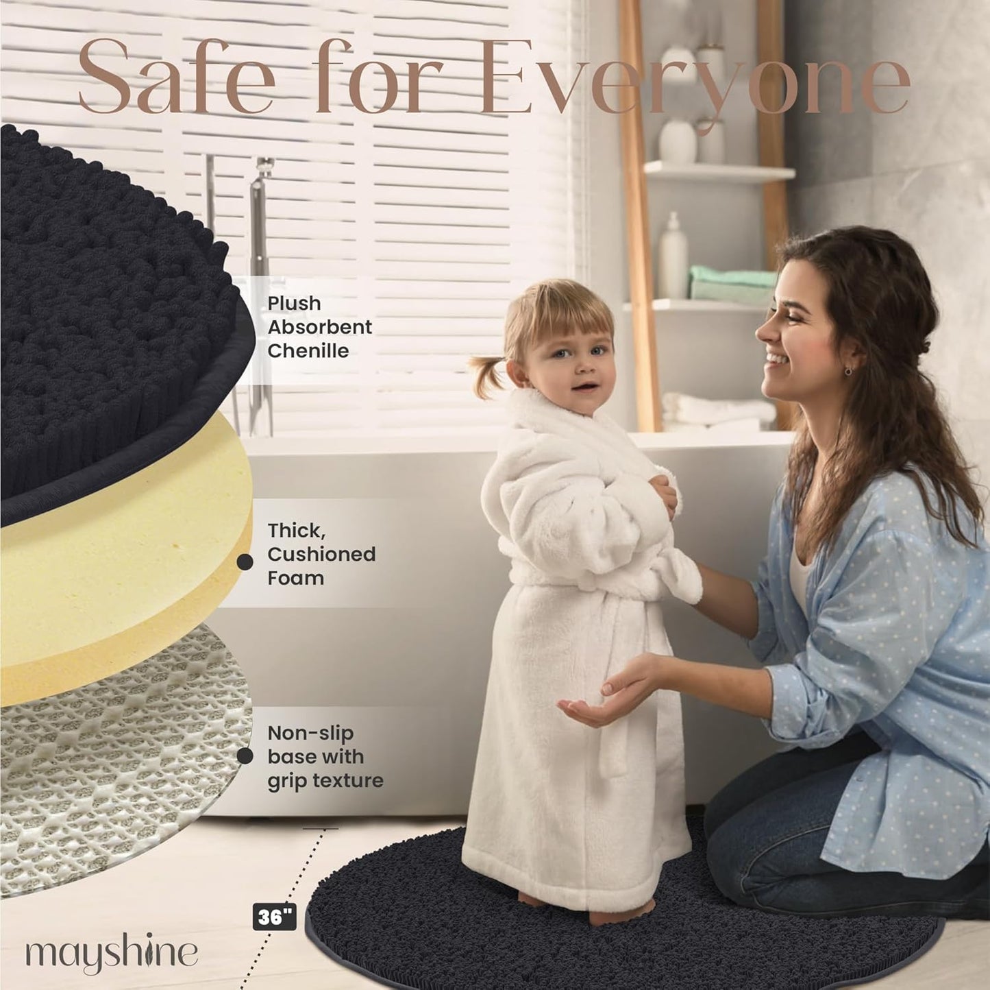 MAYSHINE Round Area Rug Set for Bathroom | Soft Plush Chenille Bath Mat, Water Absorbent Non-Slip Bathroom Rug | Washable Shag Carpet for Shower, Bedroom, or Home Décor | 36"x36" (Round) | Black