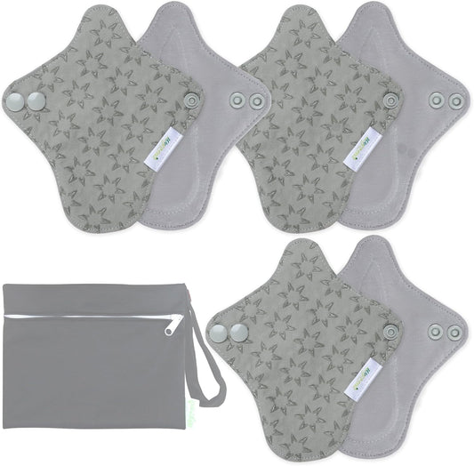 wegreeco 6 Pcs Reusable Menstrual Pads, Ultra Absorbent Cloth Pads for Heavy Flow, Sanitary for Teens, Women, Nonslip, Grey Inner, Grey Outer, X-Small
