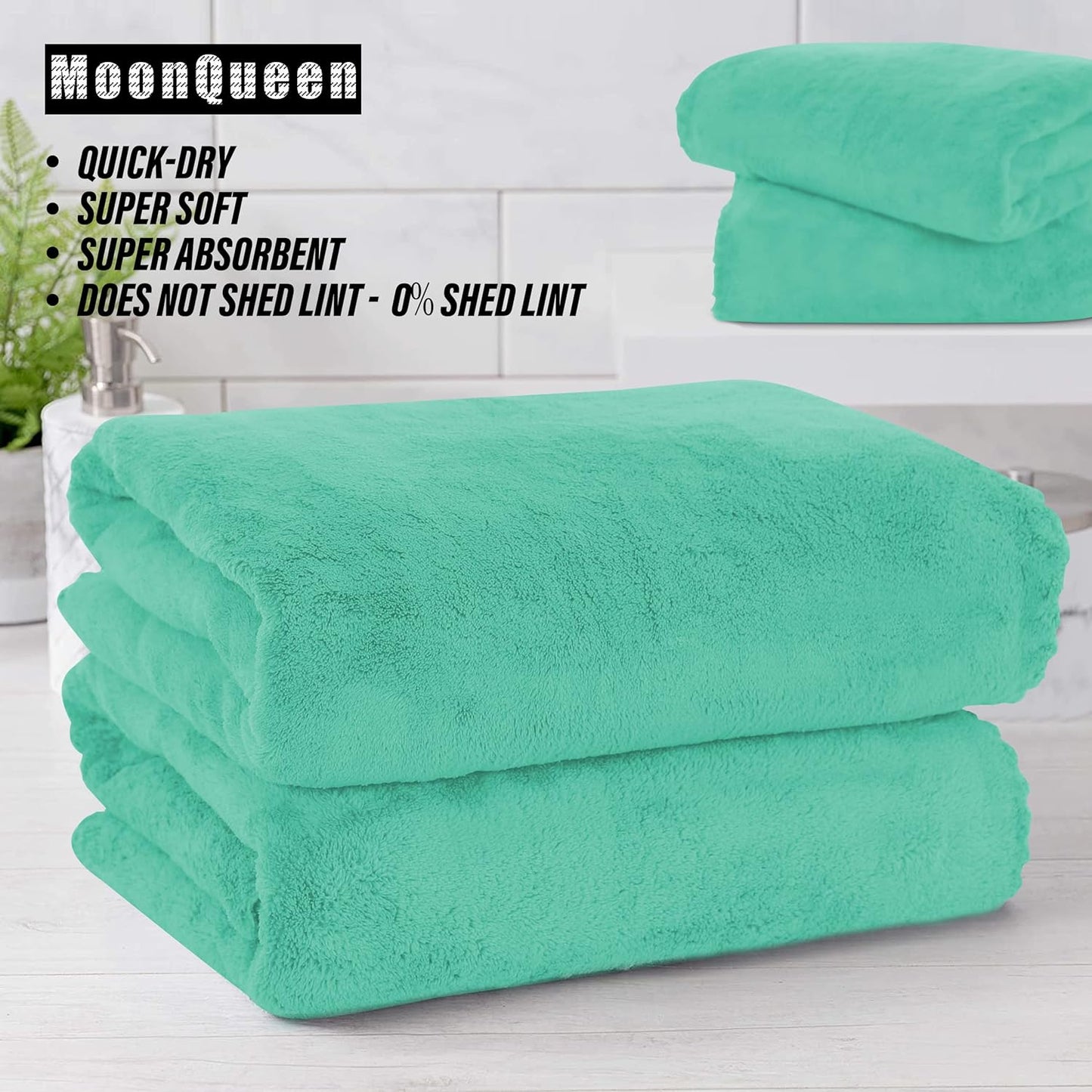 MOONQUEEN 2 Pack Premium Bath Towel Set - Quick Drying - Microfiber Coral Velvet Highly Absorbent Towels - Multipurpose Use as Bath Fitness, Bathroom, Shower, Sports, Yoga Towel (Aqua Green)