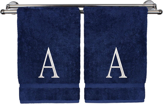 Monogrammed Hand Towel, Personalized Initial Gift, Extra Absorbent 100% Turkish Cotton - Soft Terry Finish - Set of 2 - White Block Initial A - Embroidered on Navy Blue Towels
