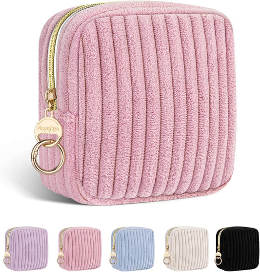 Period Bag for Teen Girls, Corduroy Sanitary Napkin Storage Bag, Fluffy Menstrual Pad PouchTampon Holder for Purse (Pink)