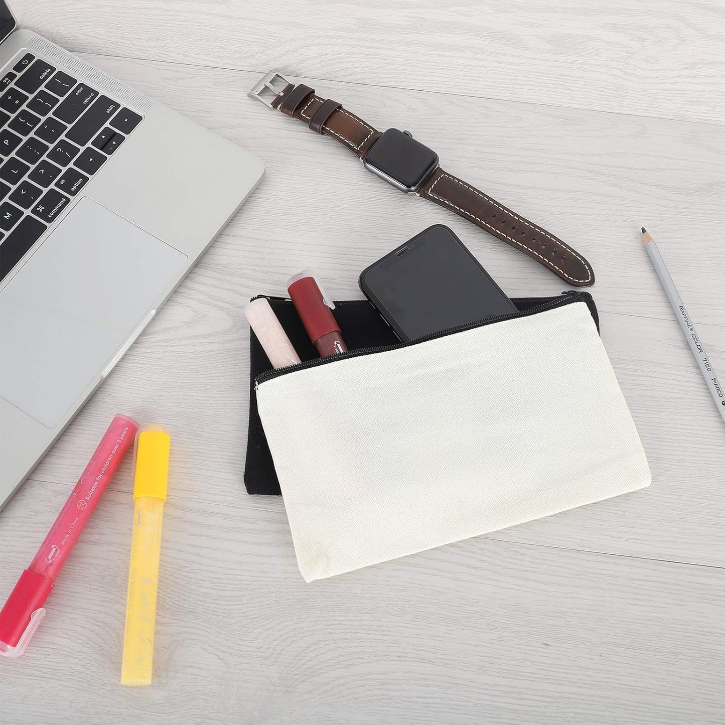 12 Pieces Black Cotton Canvas Makeup Bag, Multipurpose Cosmetic Bag with Zipper Travel Toiletry Pouch, Blank DIY Craft Bag (Black, L)