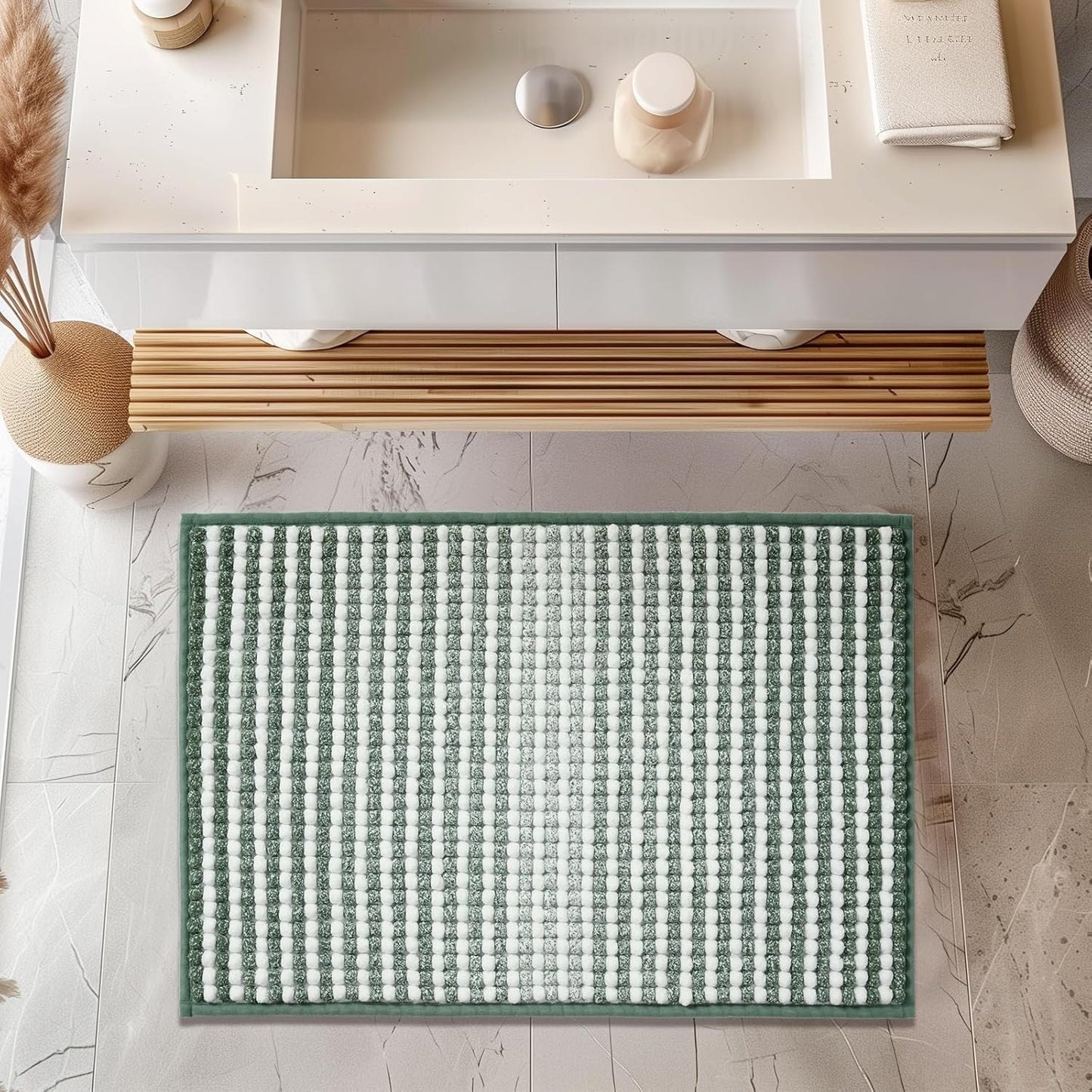 FRESHMINT Chunky Ombre Chenille Bathroom Rug 20"x32", Water Absorbent Soft Bath Rugs for Bathroom Floor, Thick Non Slip Bath Mat Washable Quick Dry Shower Mats, Sage Green and White