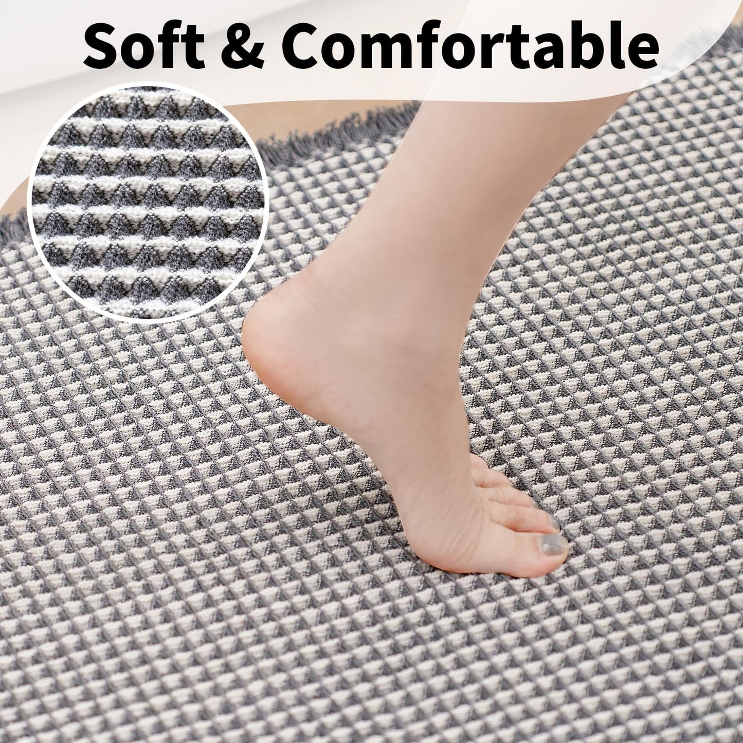 Waffle Bath Mat - Boho Bathroom Rugs Non Slip Washable, Super Absorbent & Quick Dry, Soft Bath Mat Farmhouse Bathroom Decor, 20'' x 32'', Dark Grey and White