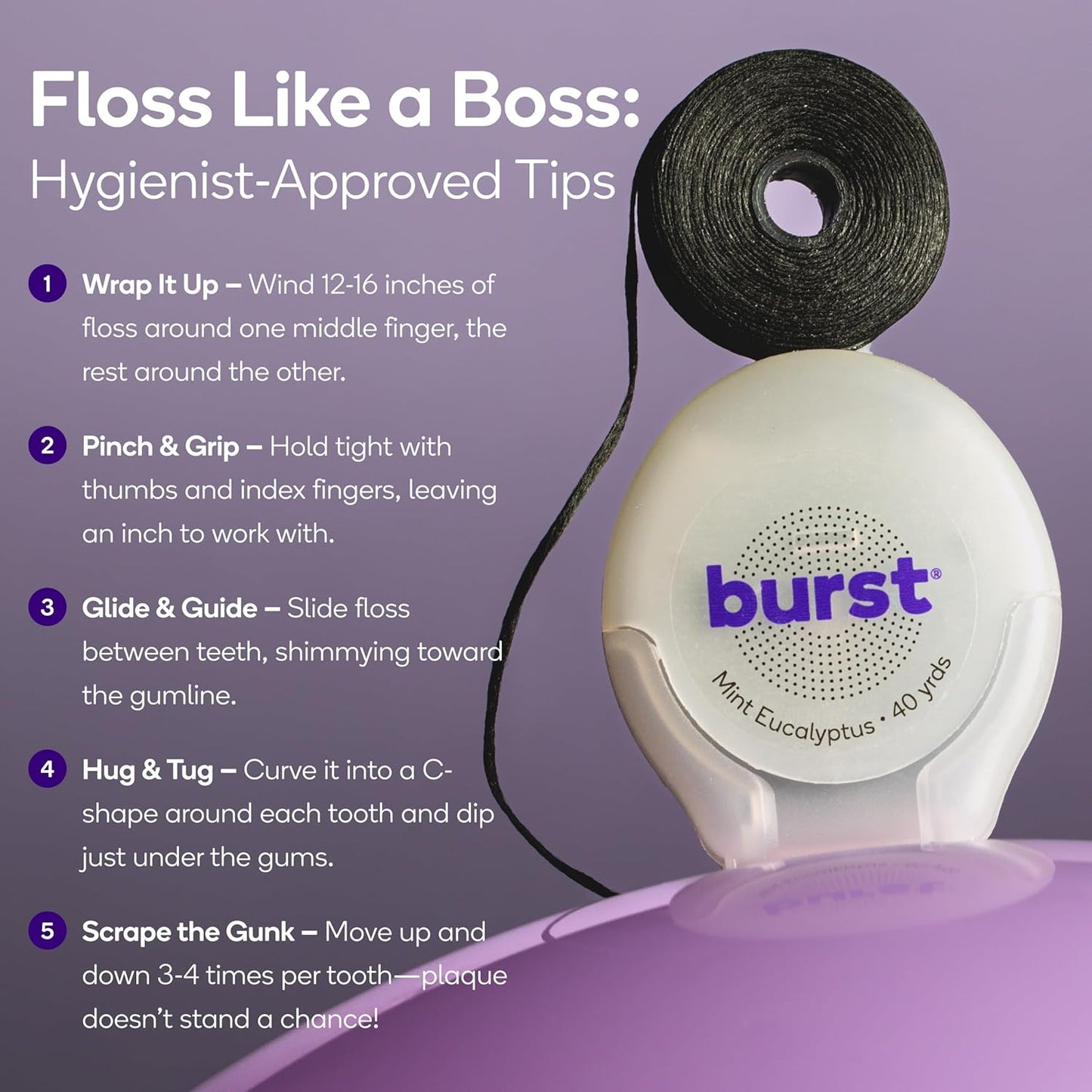 BURST Expanding Dental Floss (Mint Eucalyptus/40 Yards) | Stain Absorbing & Woven with Xylitol Coating to Fight Cavities | Vegan | Paraben Free