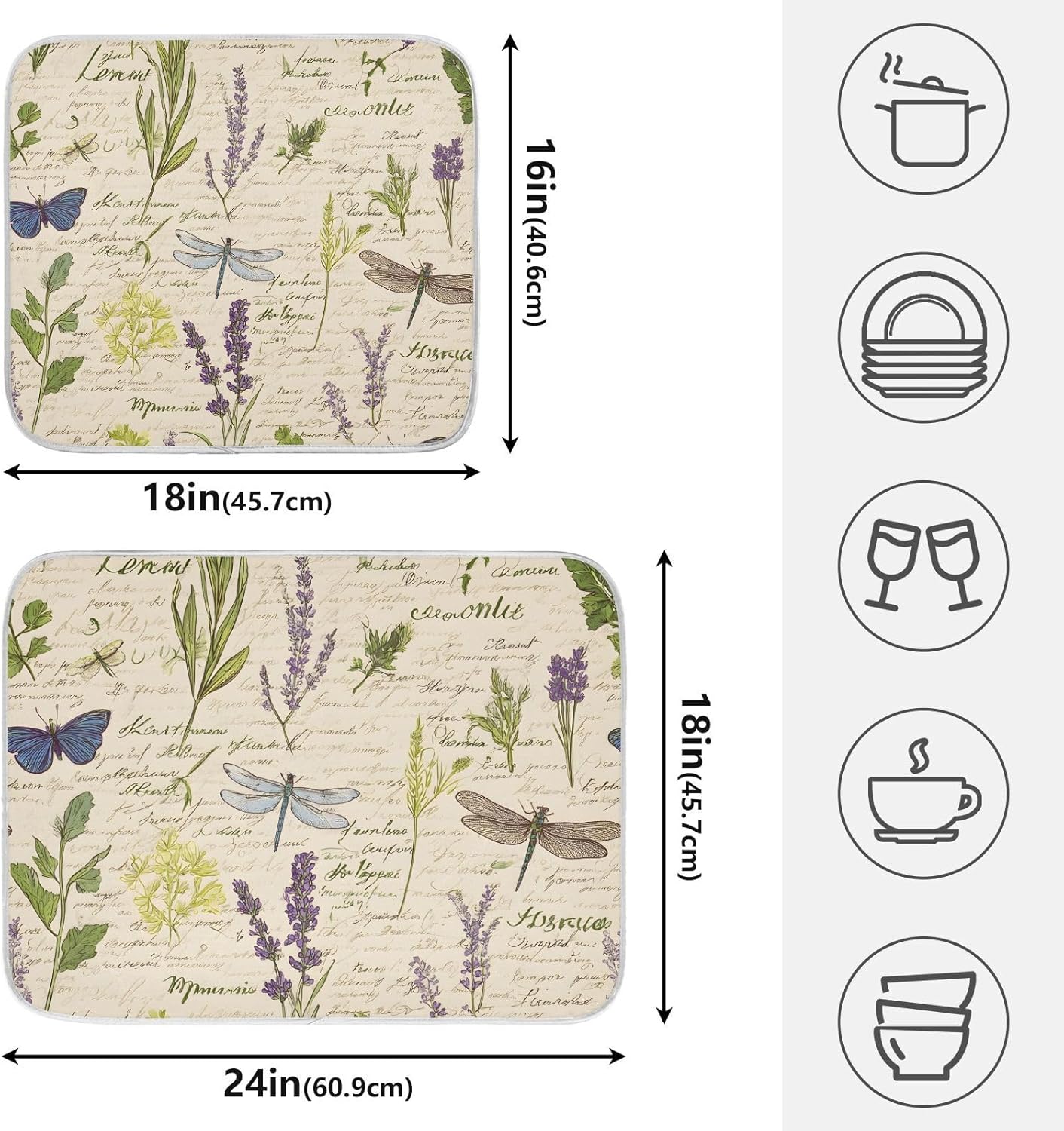 Handwritten Dragonfly Butterfly Dish Drying Mats for Kitchen Counter, 18x24 inch Drying Dishes Absorbent Microfiber Dish Drainer Mat Rack Pad Fast Dry
