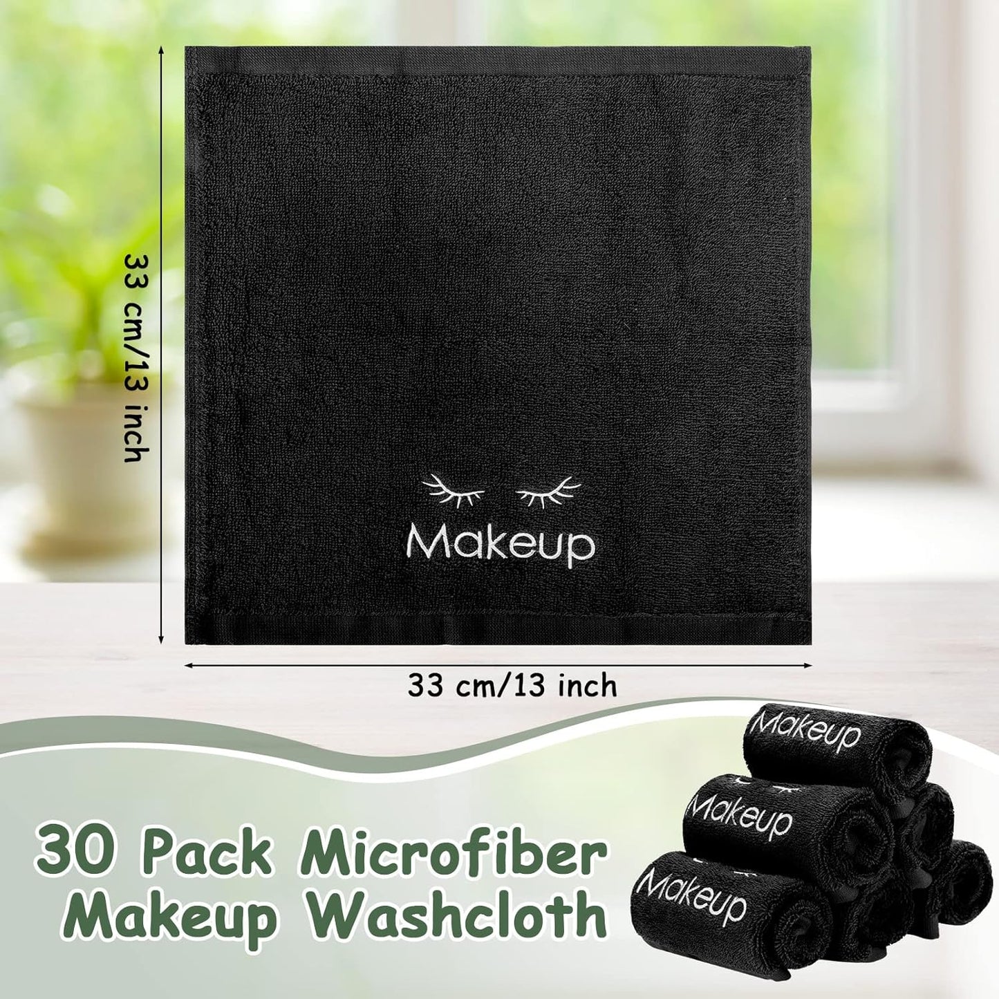 30 Pcs Microfiber Black Makeup Washcloths for Face 13 x 13 Inches Makeup Remover Towels Reusable Absorbent Removers Face Wash Cloth with Embroidery for Women