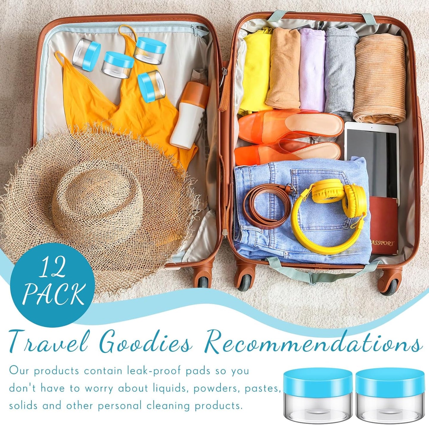 SATINIOR 12 Pack Plastic Container Jars with Lids Round Clear Travel Cosmetic Container Jars for Toiletries, Lotion, Cream, Ointments, Makeup, Rhinestone, Samples, Kitchen Storage(2 oz,Blue)