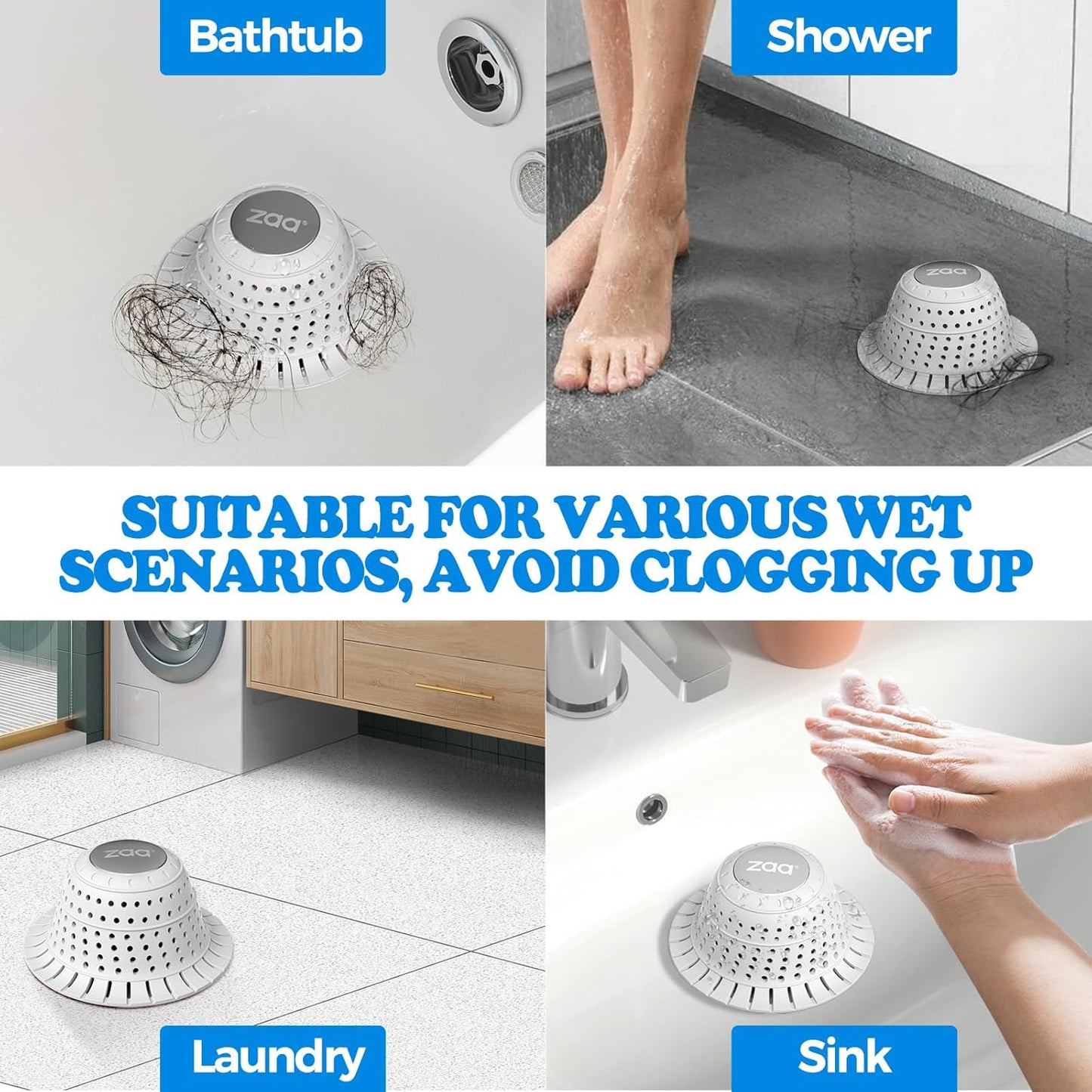 zaa Bathtub Drain Hair Catcher, Premium Silicone Collapsible 1 Pack Drain Protector for Pop-Up and Regular Drains of Shower, Tub, Bathroom, Sink, Light Gray