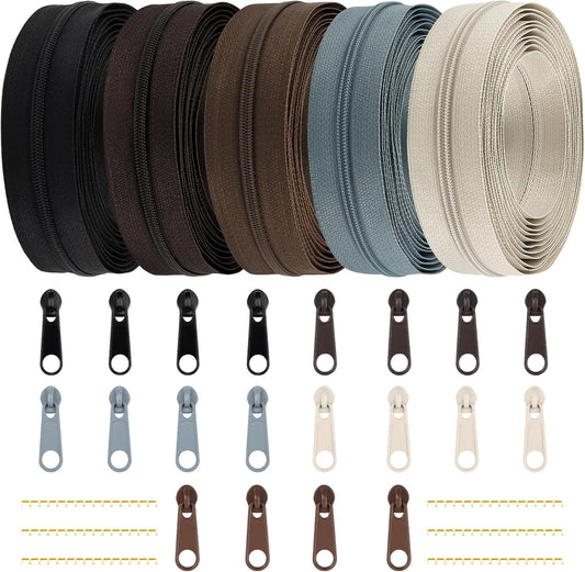 DOITEM 3 mm Nylon Endless Zipper Set with Slider - 14 Meter, 12.5 Yard, 5 Colors
