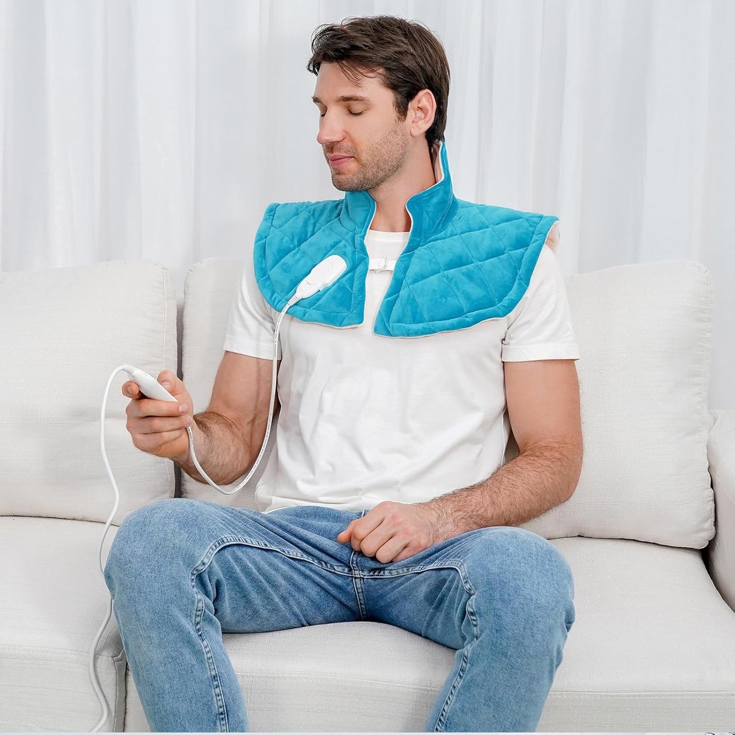 Electric Heating Pad for Neck and Shoulders, Far Infrared Heated Pad for Pain Back Relief, Weighted Electric Heating Pads with Auto-Off, Gifts for Women Men Mom Dad(L, Blue)