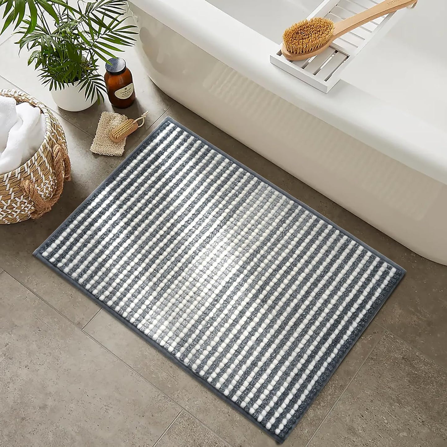 FRESHMINT Chunky Ombre Chenille Bathroom Rug 24"x36", Large Water Absorbent Soft Bath Rugs for Bathroom Floor, Thick Non Slip Bath Mat Washable Quick Dry Shower Mats, Gray and White