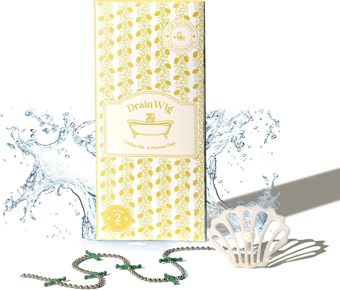 DrainWig Shower Drain Hair Catcher – Disposable White Ocean (2-Pack) – No-Touch Hair Removal for Flat Shower Drains – As Seen on Shark Tank