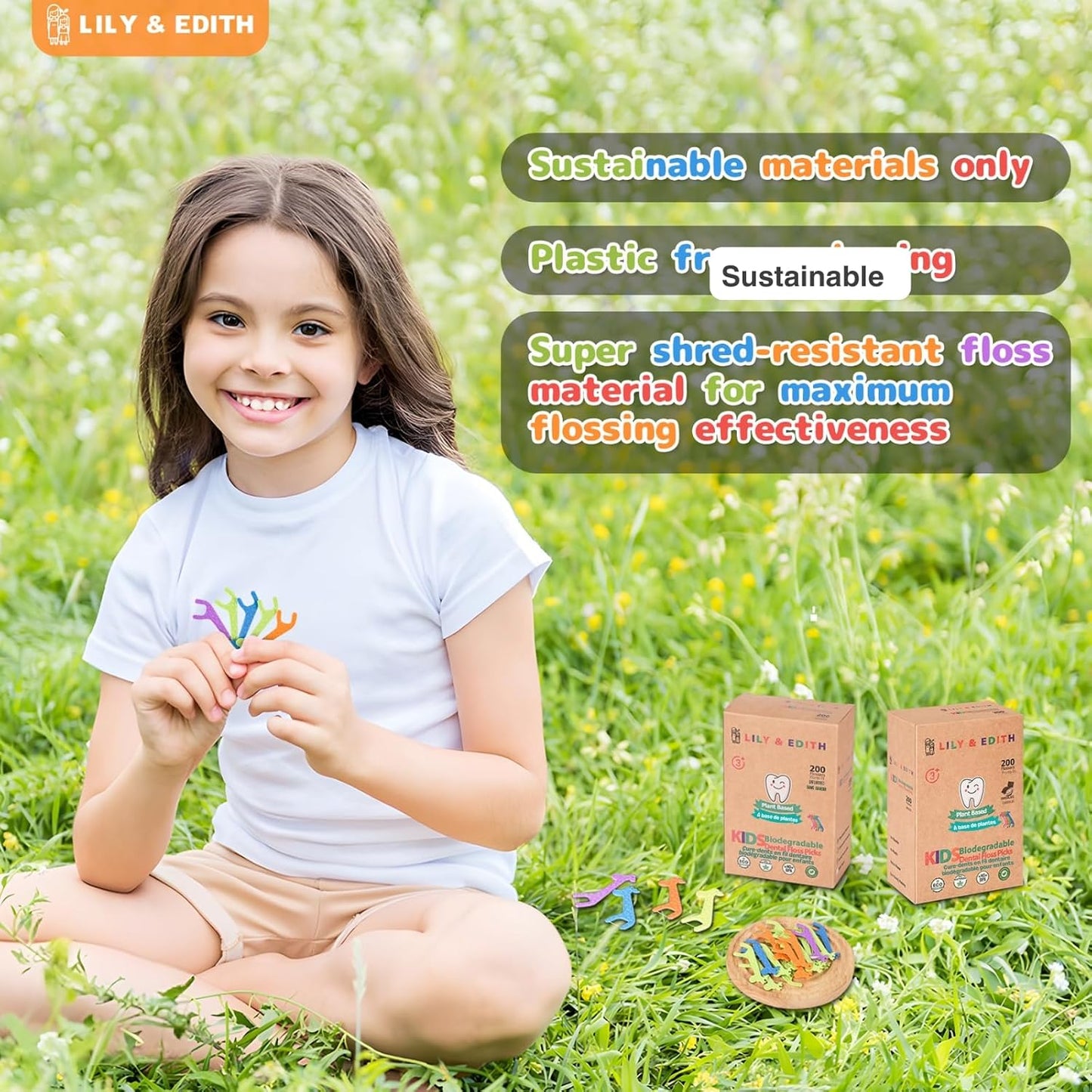 LILY & EDITH Kids Biodegradable Dental Floss Picks 200 Counts, Fluoride Free, Plant Based Material, Fun Animal Flossing Sticks, Ultra Sturdy Thread, Zero Waste Package (Unflavored)