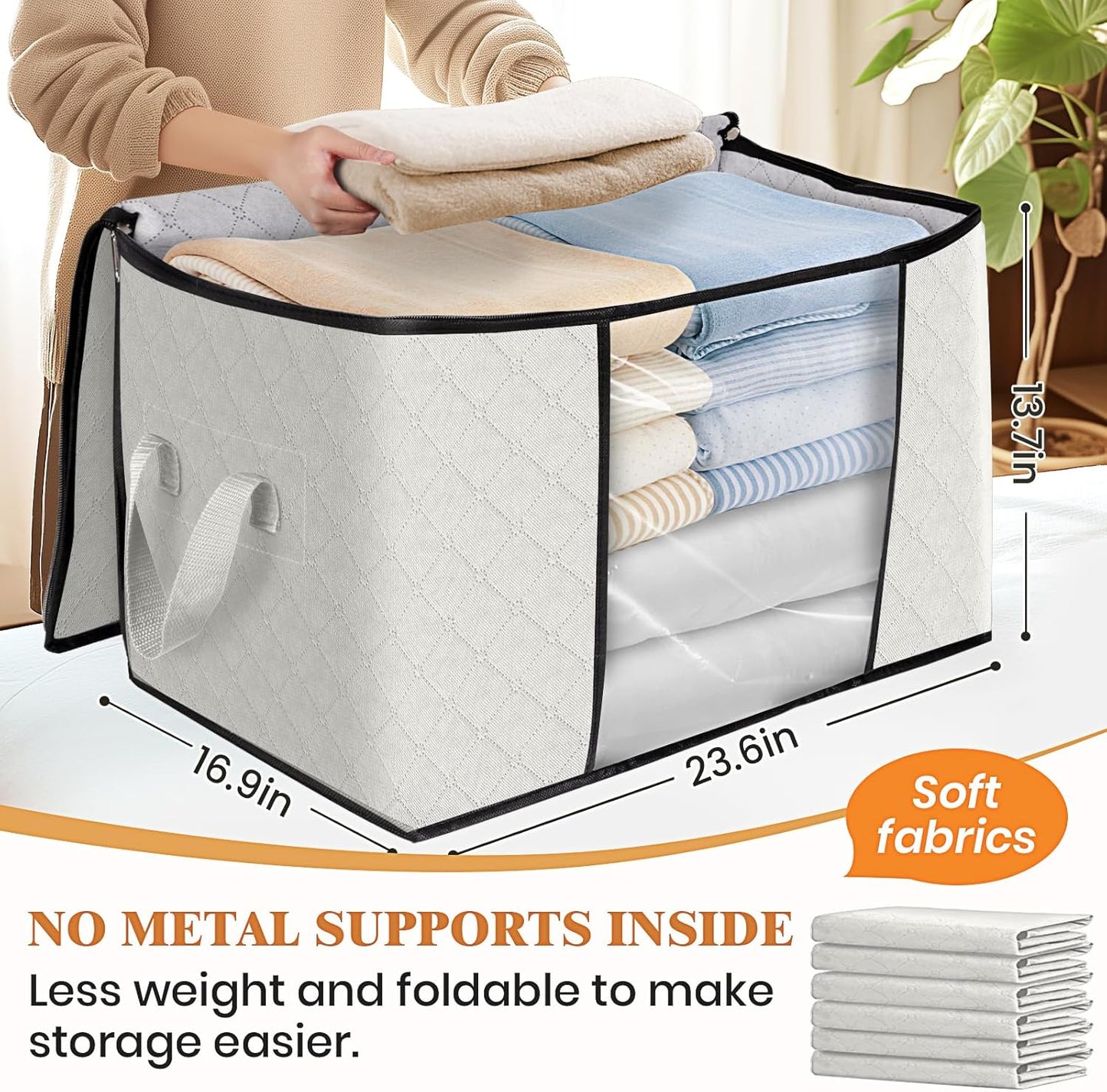 Fab totes 24 Gallons Clothes Storage, Foldable Thick Fabric Blanket Storage Bags, Containers for Organizing Bedroom, Closet, Clothing, Comforter, Organization with Handle (8 Pack,Ivory)