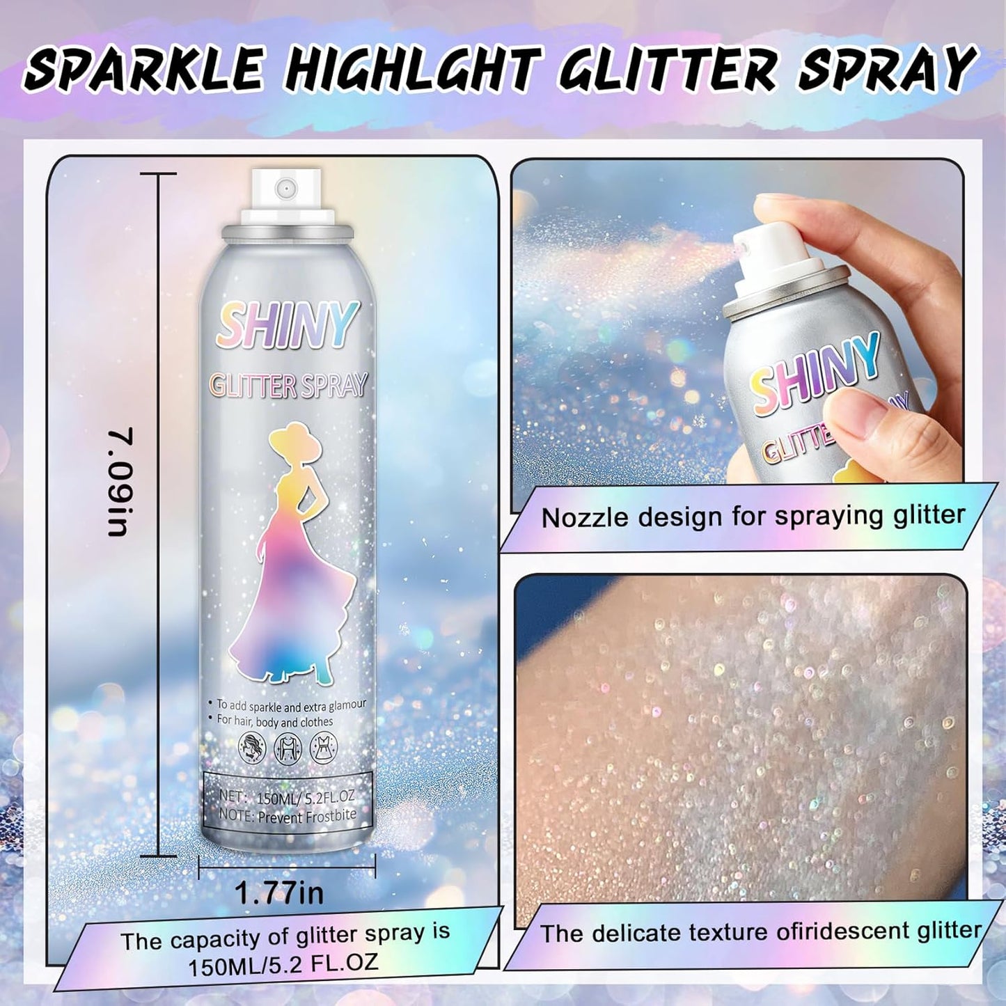 AWCCXMYM 150ML Body Glitter Spray Shiny Hair Glitter Long-Lasting and Quick-Drying Glitter Spray for Hair and Body Shimmer Glitter Hairsparay Halloween,Christmas,Festival Makeup Prom 5.2 Fl Oz