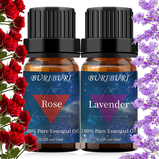 BURIBURI Rose Essential Oil and Lavender Oil for Diffuser, Massage, Candle Making, 100% Pure Fragrance Oil