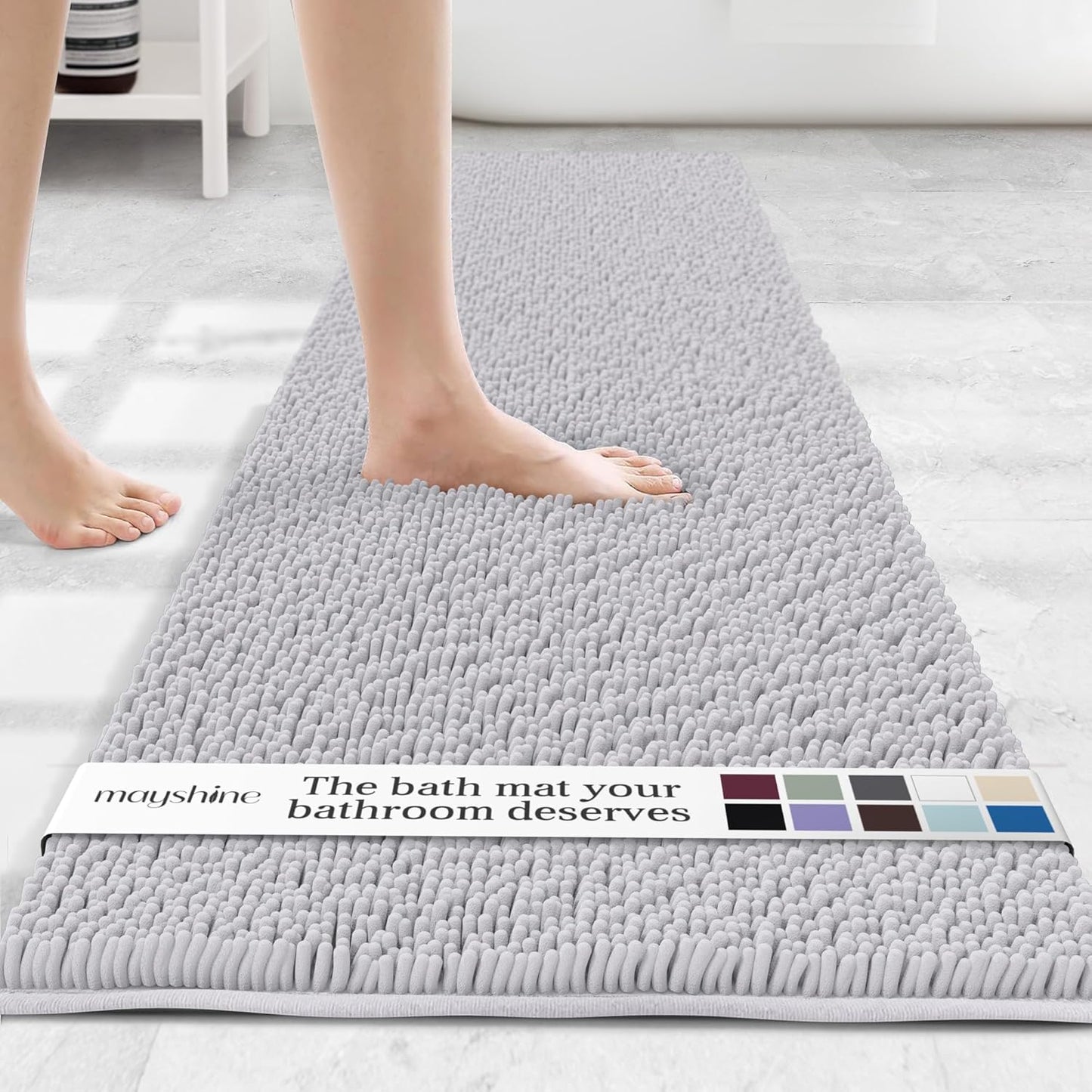 MAYSHINE Plush Shaggy Chenille Bath Mat | Extra Soft, Super Absorbent, Non-Slip Bathroom Rug | Fluffy Microfiber, Area Rug Sets for Bathroom Floor, Kitchen, Living Room | 71"x31" | White