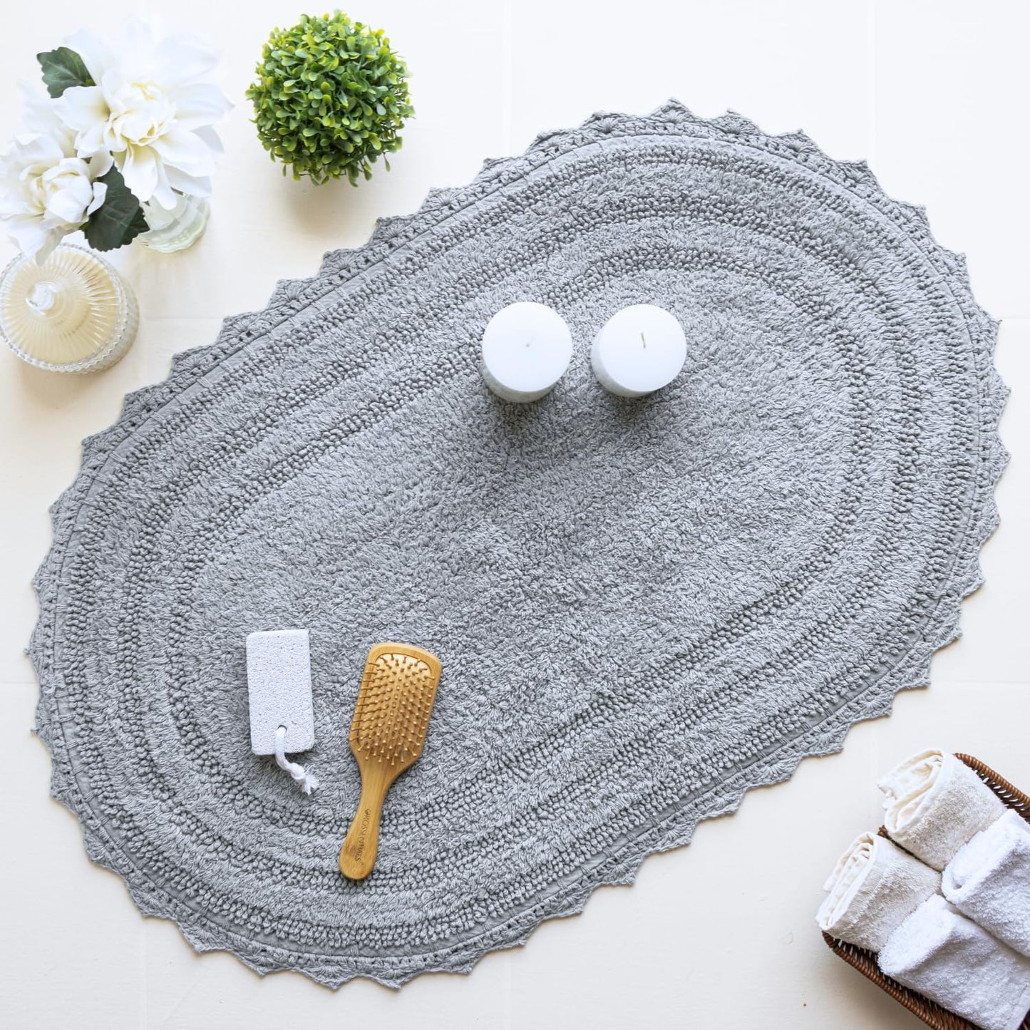 RAJRANG Bathroom Rug for Kitchen and Spa with Crochet Pattern Cotton Absorbent Soft Reversible Woven Bath Mat Light Grey Oval 34 x 21 Inches