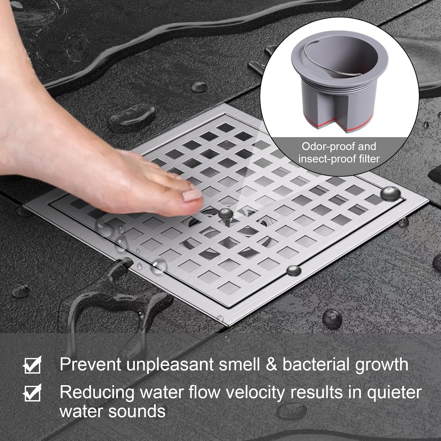 Square Shower Floor Drain with Flange, 6 Inch Brushed Nickel Shower Drain Hair Catcher, SUS304 Stainless Steel Floor Drain Strainer, Shower Drain Cover