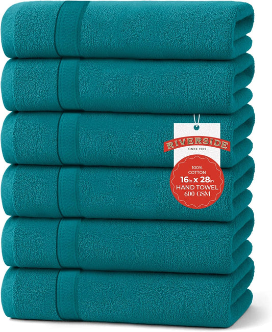 RIVERSIDE 6 Pack Premium Hand Towels Set, 16x28 inches, 100% Ring Spun Cotton, 600 GSM, Soft, Quick Dry and Highly Absorbent, Towels for Bathroom, Kitchen, Gym, Spa - Teal