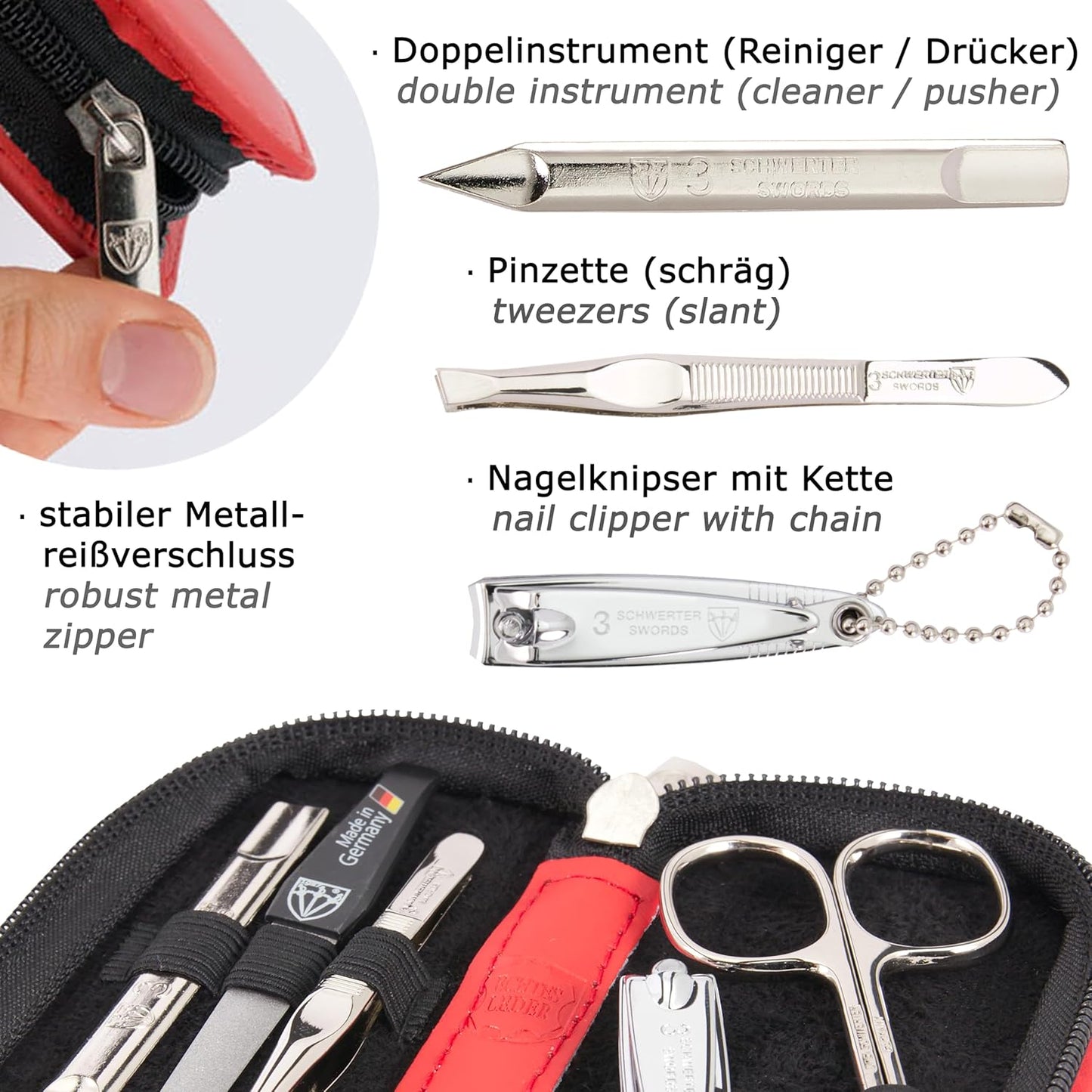 3 Swords Germany - brand quality 5 piece manicure pedicure grooming kit set for professional finger & toe nail care scissors clipper genuine leather red case in gift box, Made in Germany