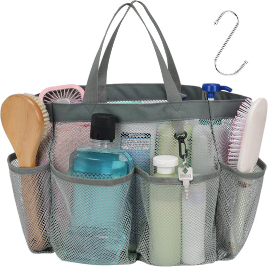 F-color Mesh Shower Caddy Portable, Upgrade Deeper 7 Pockets Shower Bag Basket Tote for College Dorm Room Toiletry Bathroom Essentials Gym Camp Quick Dry 2 handles with S Hook, Grey