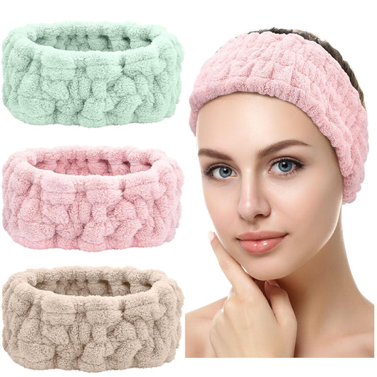 Chuangdi 3 Pieces Terry Cloth Elastic Headbands for Women - Makeup, Face Washing, Yoga, Sports, Shower (Pink, Green, Brown)