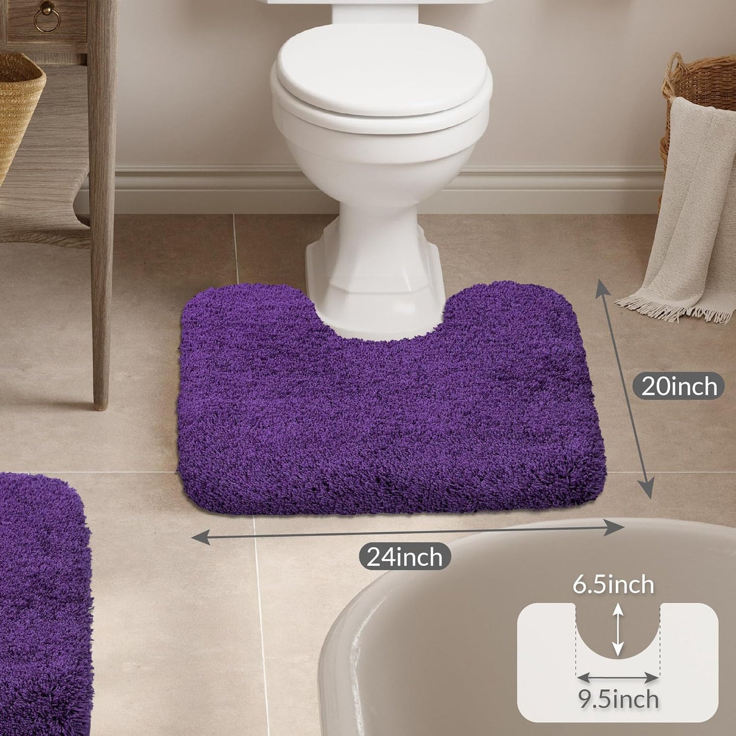 Walensee Contour Rug (20x24, Dark Purple) Non Slip Bath Mat for Bathroom - Water Absorbent Soft Microfiber Shaggy Mat Machine Washable U Shape Toilet Rug