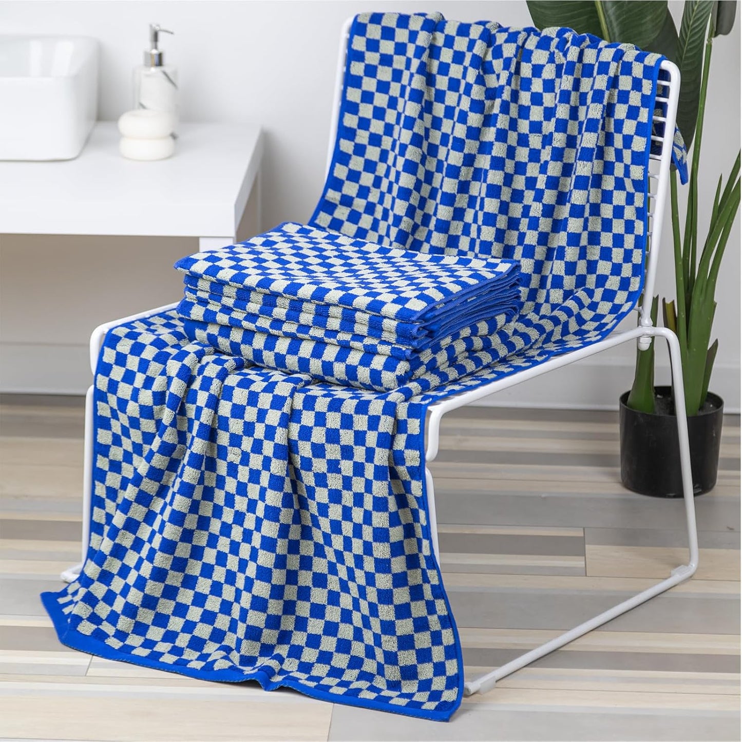 Checkered Bath Towels Set of 6 Large, 520GSM, 100% Cotton Shower Towels * 2 (55.12"*27.56"), Hand Towels * 4 (29.52"*13.77"),Towels for Bathroom、Pool、Hotel, Spa, Soft Absorbent（Midnight Blue