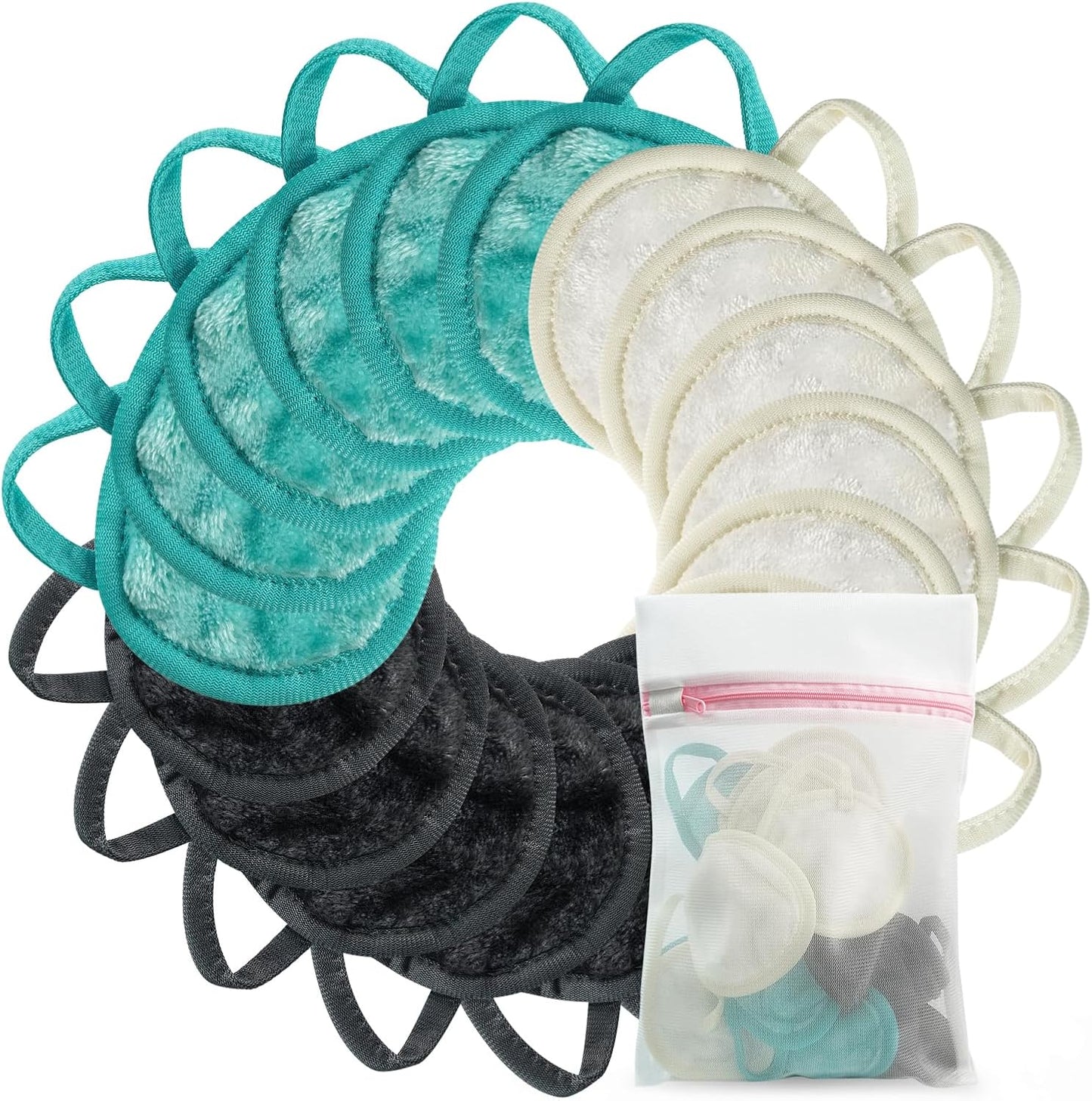 Nugilla 18 Packs Reusable Makeup Remover Pads with a Washable Laundry Bag, Resuable Microfiber Round Towel Skin Face Towels, Soft Makeup Remover Cloth, Fast Drying Washcloth (Grey/Green/White)