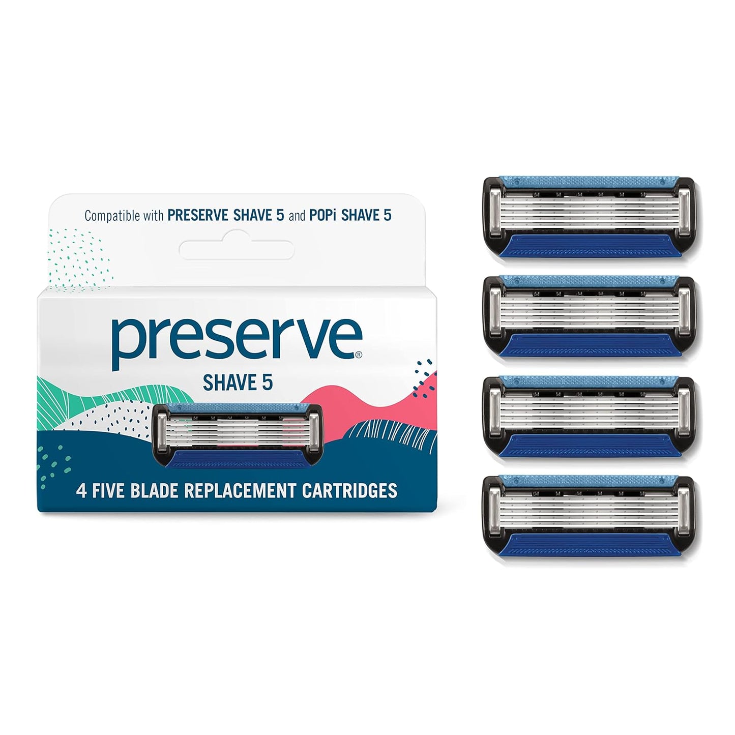 Preserve Shave 5 Razor Blades Refills - 5 Blade Razors for Men & Women - Ceramic Coated Shavers for Comfort with Aloe-Cocoa Butter Strip - Reusable Shaving Refill - 4 Pack