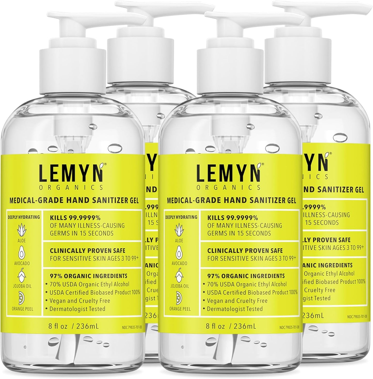 Medical Grade Hand Sanitizer Gel - 97% ORGANIC - 8 FL.OZ. with PUMP (PACK OF 4)