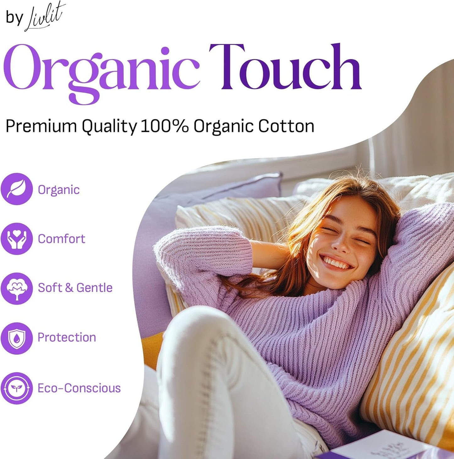 Livlit Super Long Overnight Sanitary Pads, 100% Organic Cotton from Texas, Heavy Absorbency, Powerful Leak Protection, Unscented, Extra Long Length Pads for Women (10 Count)