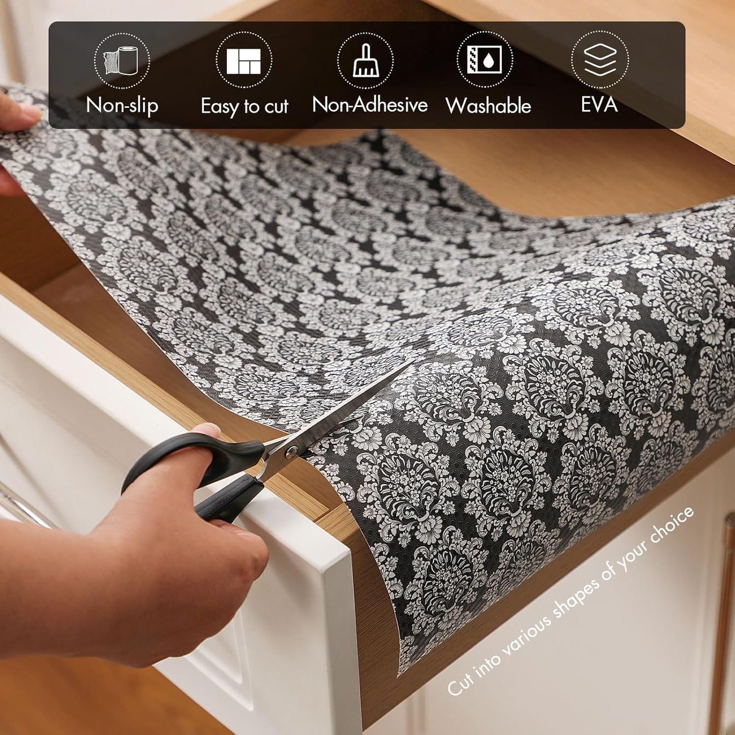 Cooyes Shelf and Drawer Liners for Kitchen Cabinets, Non-Adhesive Cabinet Liners, EVA Waterproof Durable Shelf Paper for Refrigerator, Shelves, Cupboard with European Pattern, Easy to Cut