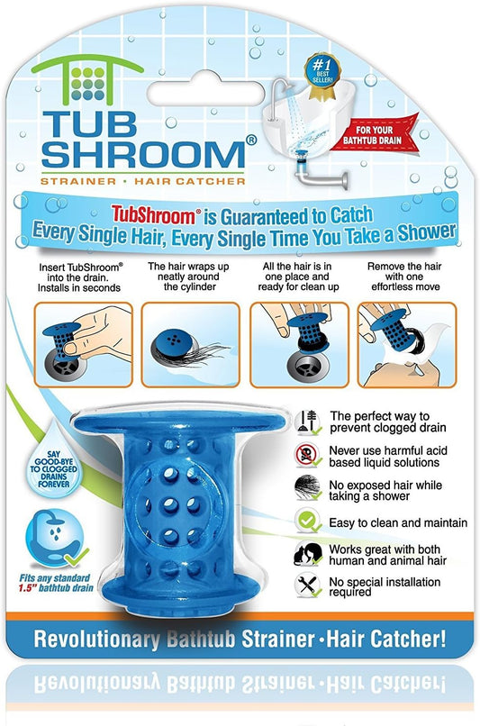 TubShroom Tub Drain Hair Catcher Strainer, Blue – Drain Protector and Hair Catcher for Bathroom Drains, Fits 1.5” – 1.75” Bathtub and Shower Tub Drains